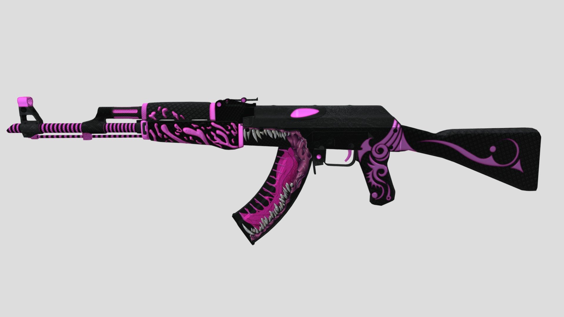 Powerful and Reliable, the AK-47 is one of the most popular Assault Rifles in the World. He is deadliest in short, controlled bursts. The Rifle Body has been custom painted Flaky Pink Black with an intimidating jaw with Sharp teeth.

Credits:
SIR.Colloseus, Skin Creator.
Tenerserker, Founder of the Project.

Work Tools: (3D Coat /Photoshop /Paint.Net /PhotoScape)

Valve's Standard 3D Model 3d model