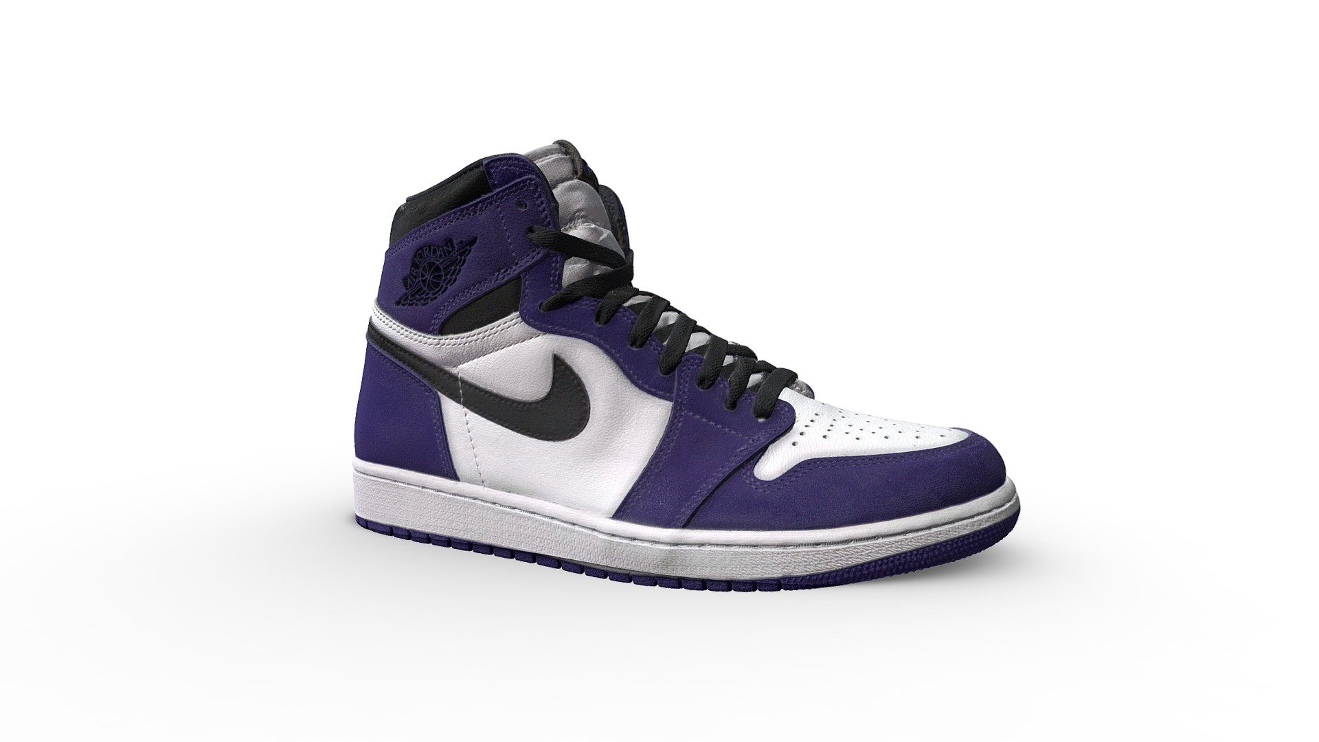 Nike Air Jordan 1 Retro High Court Purple White scanned.

Jordan Brand added a new colorway to the silhouette that started it all with the Jordan 1 Retro High Court Purple White. This release follows similar design elements as the Chicago 1, only this time replacing red with Court Purple.

This Jordan 1 consists of a white leather upper with Court Purple overlays and black detailing. A black Swoosh and Wings logo, white midsole, and Court Purple outsole completes the design. These sneakers released in April of 2020 and retailed for $170 3d model