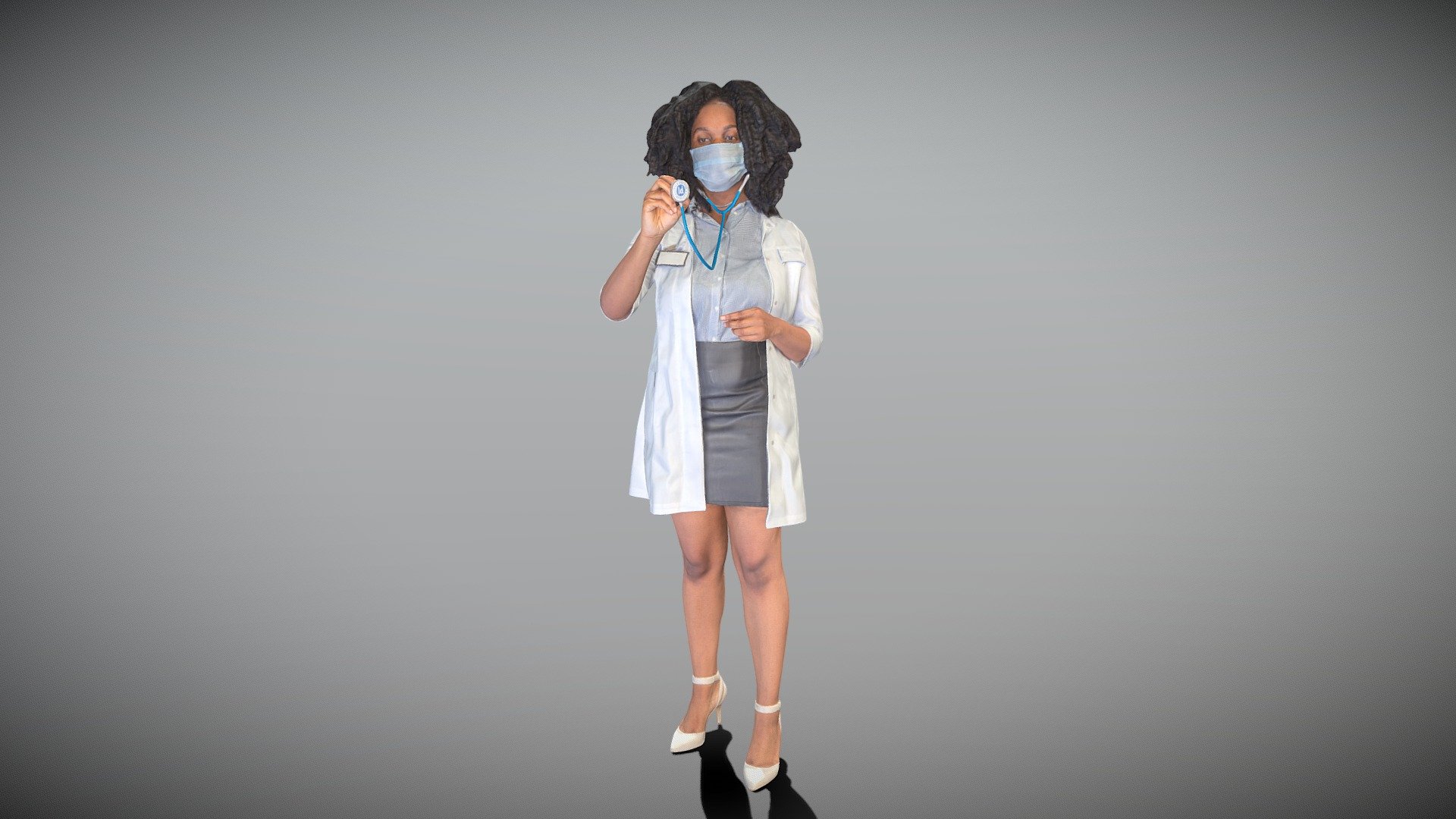 This is a true human size and detailed model of a beautiful young woman of African appearance dressed in a medical uniform. The model is captured in typical professional pose to perfectly match a variety of architectural and product visualizations, be used as a background or mid-sized character in advert banners, professional products/devices presentations, educational tutorials, VR/AR content, etc.

Technical specifications:




digital double 3d scan model

150k &amp; 30k triangles | double triangulated

high-poly model (.ztl tool with 5 subdivisions) clean and retopologized automatically via ZRemesher

sufficiently clean

PBR textures 8K resolution: Diffuse, Normal, Specular maps

non-overlapping UV map

no extra plugins are required for this model

Download package includes a Cinema 4D project file with Redshift shader, OBJ, FBX, STL files, which are applicable for 3ds Max, Maya, Unreal Engine, Unity, Blender, etc.

3D EVERYTHING

Stand with Ukraine! - Female doctor in medical attire 401 - Buy Royalty Free 3D model by deep3dstudio 3d model