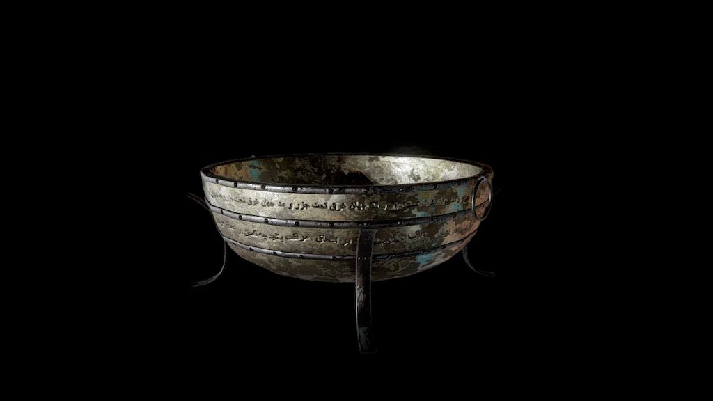 A brazier modeled in Blender and textured in Substance Painter.  The engravings on the brazier are in Persian, translated from English in Google Translate, so I'm sure the meaning has been butchered.  I used MS Paint to create the alpha for the engravings.

https://www.artstation.com/artwork/aXBO8 - Brazier - 3D model by Brandon Baldwin (@ser_poopums) 3d model