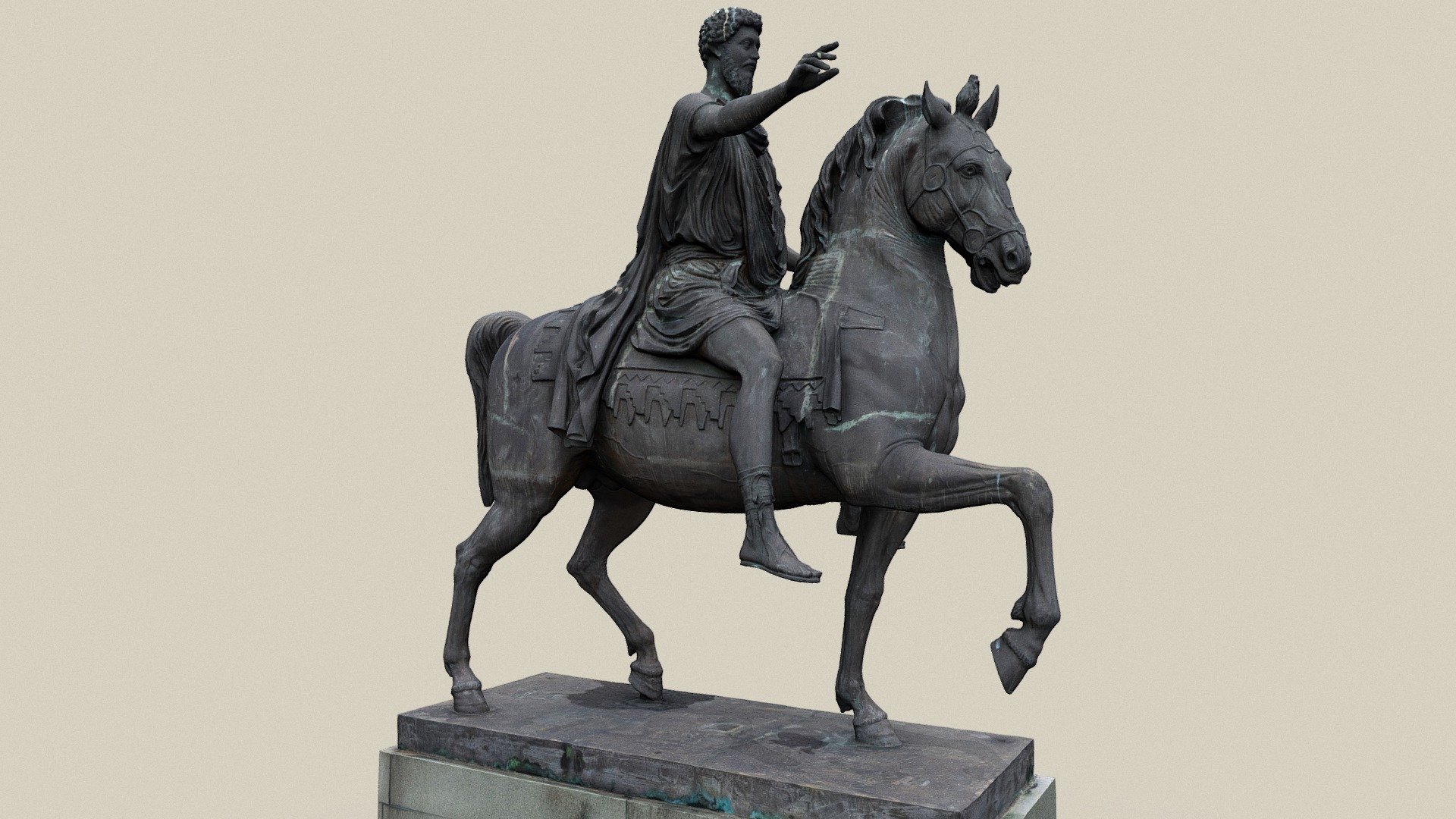The equestrian statue of Marcus Aurelius is a larger-than-life bronze statue of the Roman Emperor Marcus Aurelius. Its original site is unknown, but it may have been part of a triumphal arch on whose attic it stood. According to medieval sources, a small barbarian figure kneeling in front of a horse was part of the statue. The dating of the statue, which was originally completely gilded, is disputed and fluctuates between the years around 165 AD with a reference to the triumph over the Parthians in 166 AD, the 170s with a reference to the Marcomannic Wars and a dating only to the time of Commodus' autocratic rule from 180 AD onwards. 

A cast stands in the city of Tulln an der Donau. The statue is intended as a reminder of the centuries-long presence of the Romans on the Danube border.

 - Reiterstatue Marc Aurel - Download Free 3D model by noe-3d.at (@www.noe-3d.at) 3d model