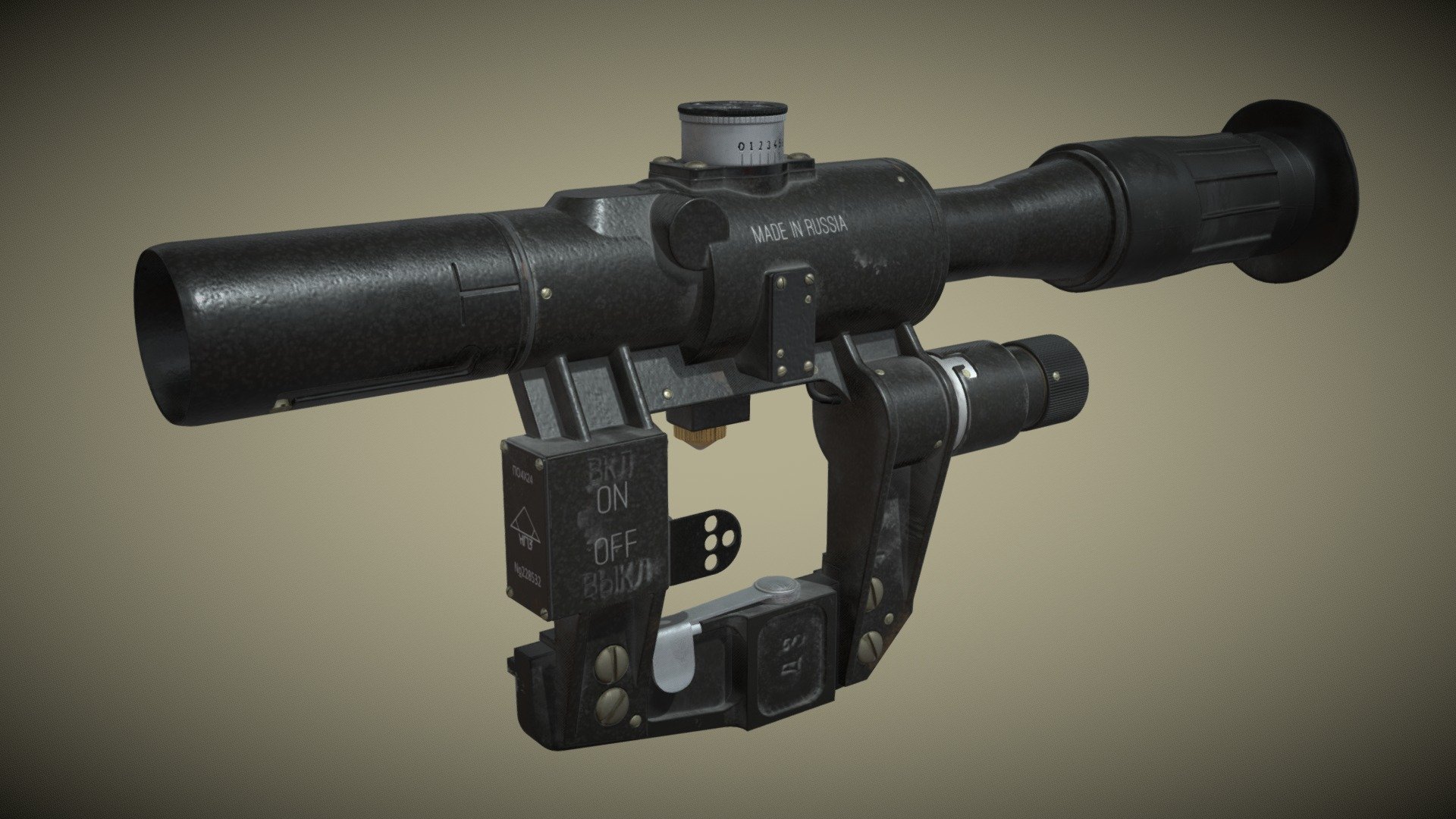 PSO-1M2 Scope made for the course ‘Game Asset Pipeline’ at Digital Arts &amp; Entertainment - Howest.
 Modeled using Maya and Zbrush and textured in Substance Painter 3d model