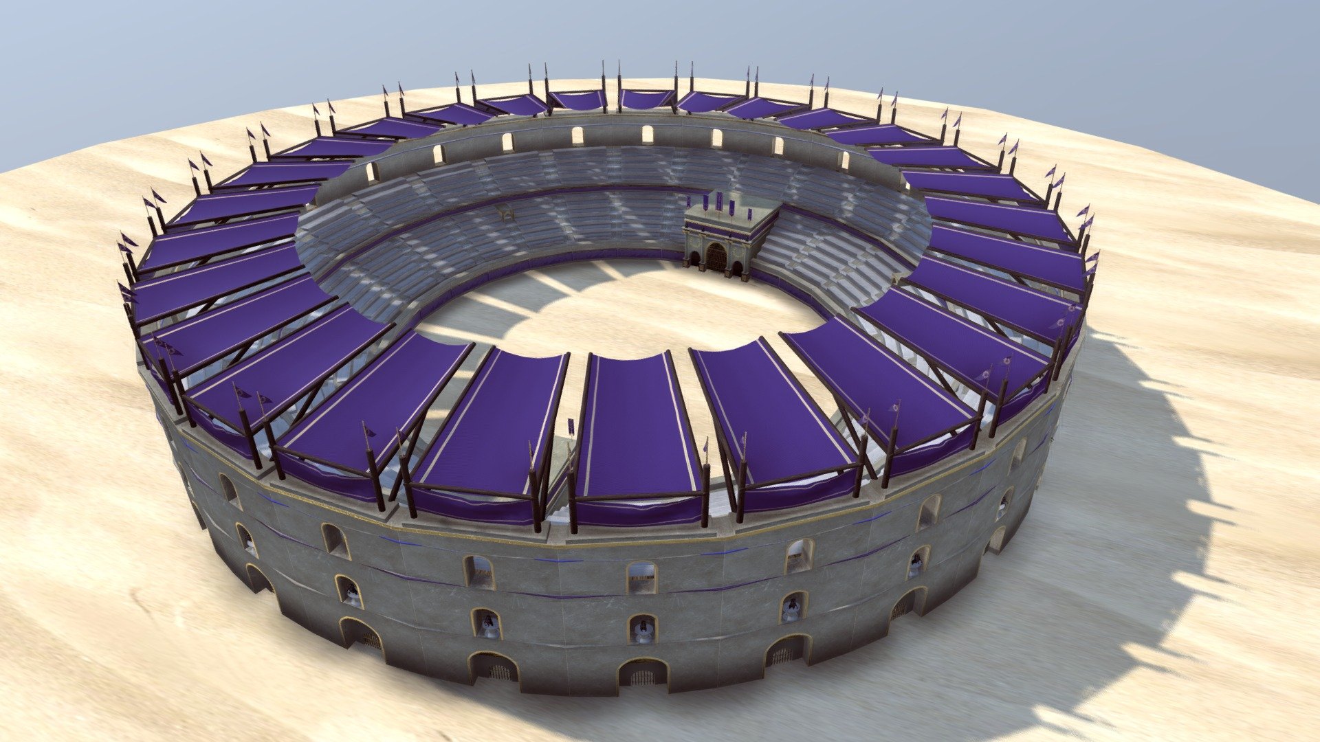 an arena modelled following a roman theme, royal purple and gold, with horses scatted around the theme - colosseum arena - 3D model by RendouArt 3d model