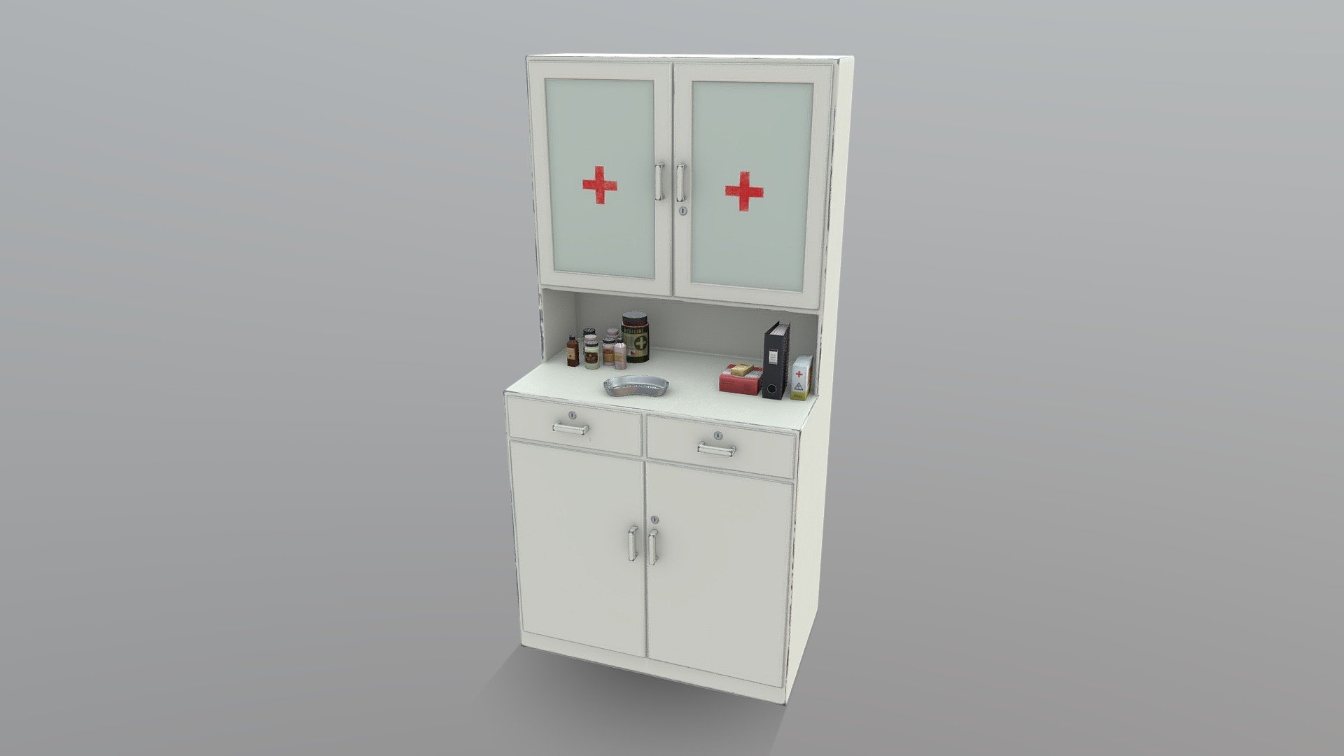 **Hospital Cabinet - Low Poly **
(Real proportions).

Game Ready! 




There are 14 assets in one file, each one has its own name. 

All assets have the same default material. 

There is only one set of PBR textures for all meshes. 

The topology is quad-based. 

There are no ngos in the mesh. 

All medicines labels are fictitious and royalty-free.

Assets: 1 cabinet, 1 binder, 1 bowl, 3 medicine boxes, 8 medicine bottles. 




There is a zip file with .blend, .obj .fbx and textures. 

*object was not modeled for a 3d printer. 

*If you need any mesh ot texture adjustments, let me know 3d model