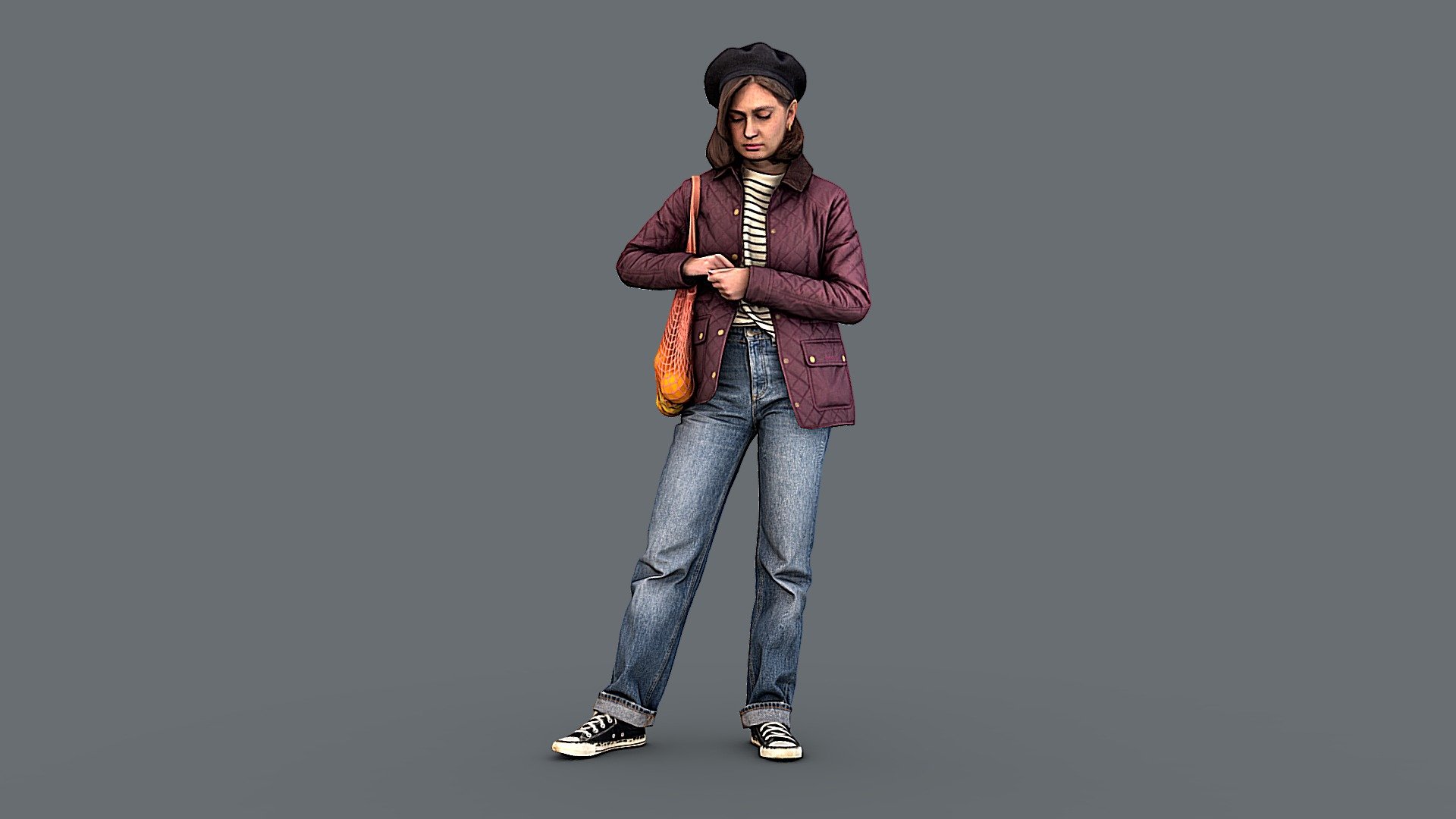 Follow us on instagram ✌🏼

✉️ A young woman, a pretty girl, in casual clothes, wide jeans, a short quilted jacket, a beret and black sneakers, stands, looks down, holds a string bag with fruits on her shoulder.

🦾 This model will be an excellent mid-range participant. It does not need to be very close and try to see the details, it reveals and demonstrates its texture as much as possible in case of a certain distance from the foreground.

⚙️ Photorealistic Casual Character 3d model ready for Virtual Reality (VR), Augmented Reality (AR), games and other real-time apps. Suitable for the architectural visualization and another graphical projects. 50 000 polygons per model 3d model