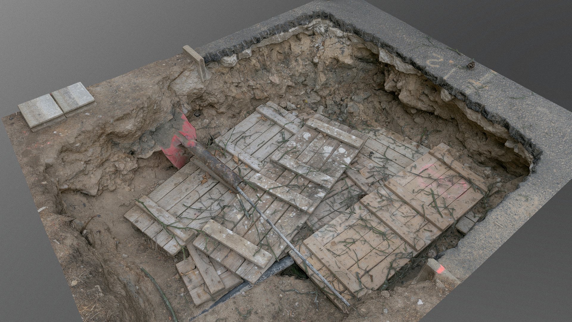 Construction dig site excavation, water pipe pipeline street reconstruction ground earth work inspection covered by wooden boards plates and some broken tree branches after strong wind weather

Raw photogrammetry scan (180x36MP), 4x8K texture - Covered dig site - Buy Royalty Free 3D model by matousekfoto 3d model