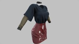 $AVE Female 2in1 Top Mini Latex Skirt Outfit in, mini, red, tshirt, shirt, doctor, fashion, girls, top, clothes, skirt, dress, collar, uniform, costume, womens, necklace, outfit, wear, secretary, latex, 2in1, pbr, female, tucked