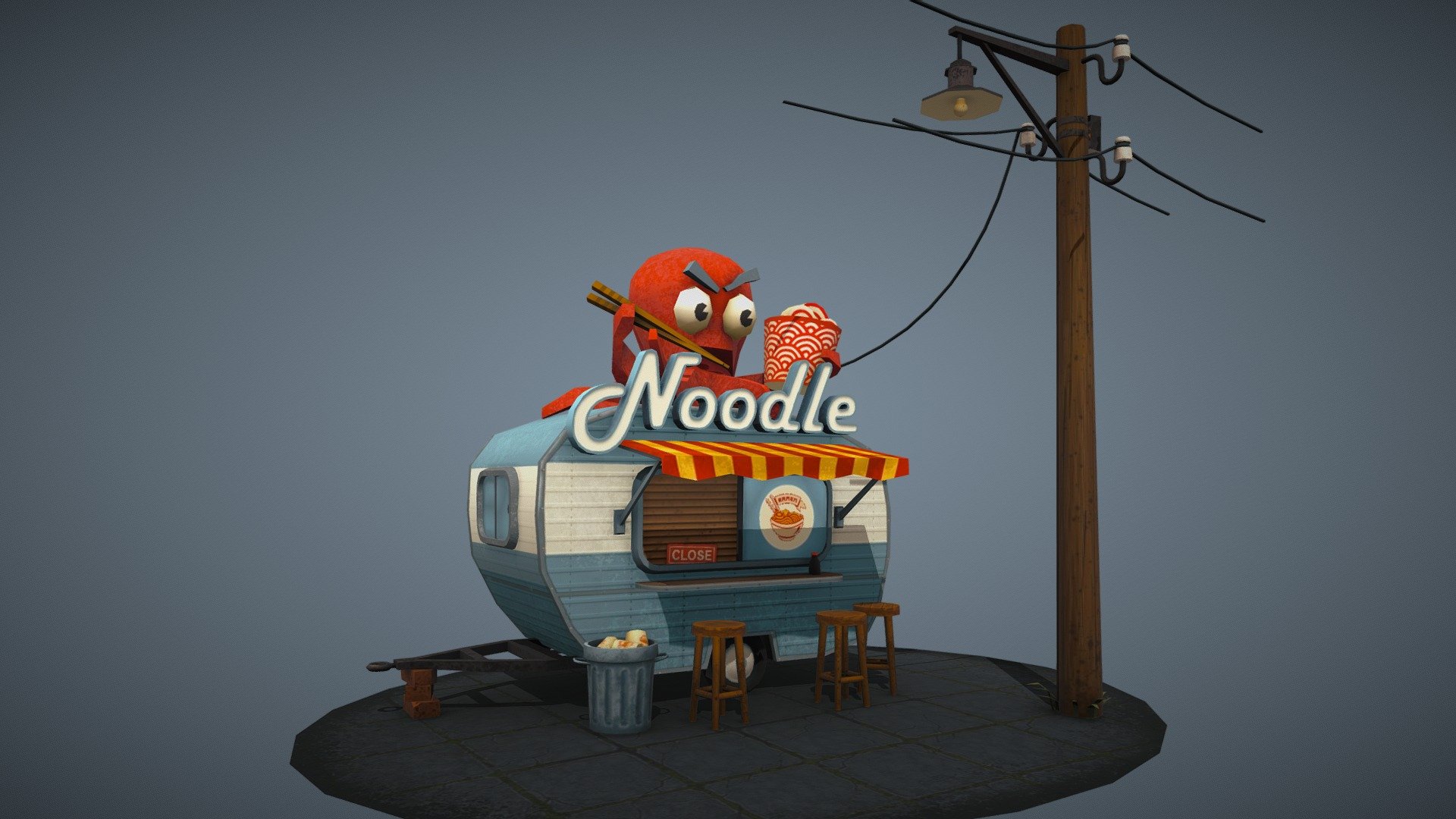 Game ready low poly model of Ninja Noodle shop with handpaint textures 3d model