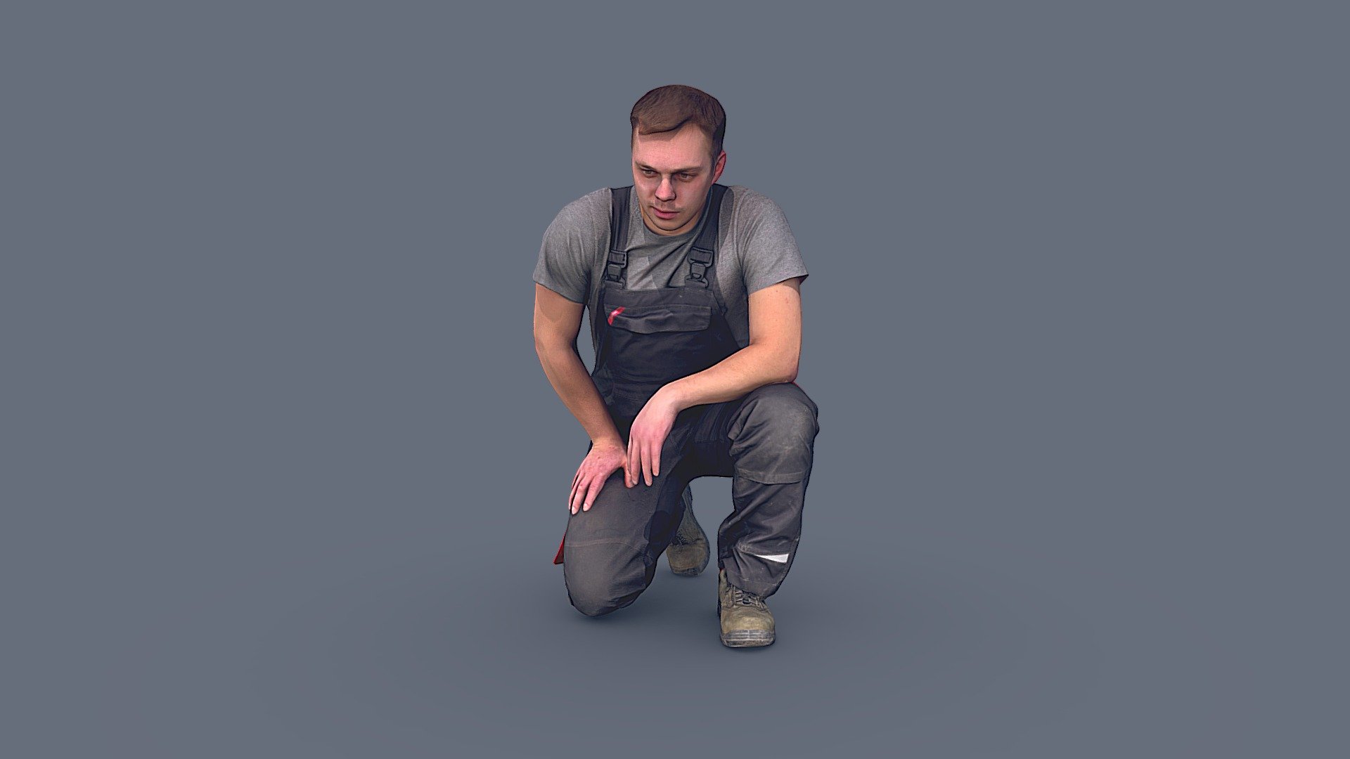 ✉️ A young man, strong-built guy, a builder, a worker, in a work uniform, overalls, sitting, leaning on one knee, his gaze is directed downward.

🦾 This model will be an excellent mid-range participant. It does not need to be very close and try to see the details, it reveals and demonstrates its texture as much as possible in case of a certain distance from the foreground.

⚙️ Photorealistic Construction Worker Character 3d model ready for Virtual Reality (VR), Augmented Reality (AR), games and other real-time apps. 
Suitable for the architectural visualization and another graphical projects.
50 000 polygons per model 3d model