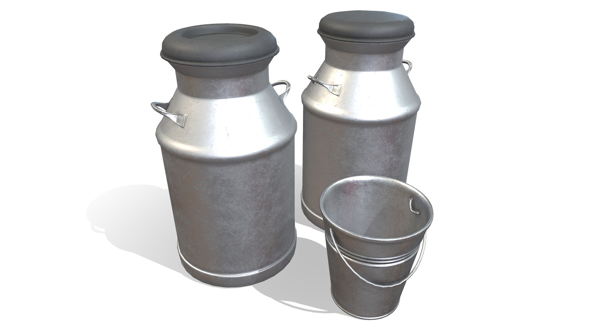 This is a 3D model of 2 Milk Cans/ 1Metal Bucket




Made in Blender 2.9x (Cycles Materials) and Rendering Cycles.

Main rendering made in Blender 2.9 + Cycles using some HDR Environment Textures Images for lighting which is NOT provided in the package!

What does this package include?




3D Modeling of 2 Milk Cans and a Metal Bucket

2K and 4K Textures (Base Color, Normal Map, Roughness, Ambient Occlusion) 

Important notes 




File format included - (Blend, FBX, OBJ, MTL)

Texture size -  2K and 4K 

Uvs non - overlapping

Polygon: Quads

Centered at 0,0,0

In some formats may be needed to reassign textures and add HDR Environment Textures Images for lighting.

Not lights include 

Renders preview have not post processing

No special plugin needed to open the scene.

If you like my work, please leave your comment and like, it helps me a lot to create new content.
If you have any questions or changes about colors or another thing, you can contact me at  we3domodel@gmail.com  - Milk Cans/Metal Bucket - Buy Royalty Free 3D model by We3Do (@we3DoModel) 3d model