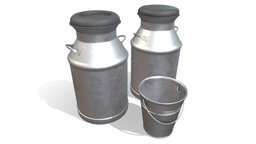 Milk Cans/Metal Bucket storage, dairy, can, aluminium, jar, canteen, beverage, milk, handle, metal, farm, bidon, canister, container, village, industrial
