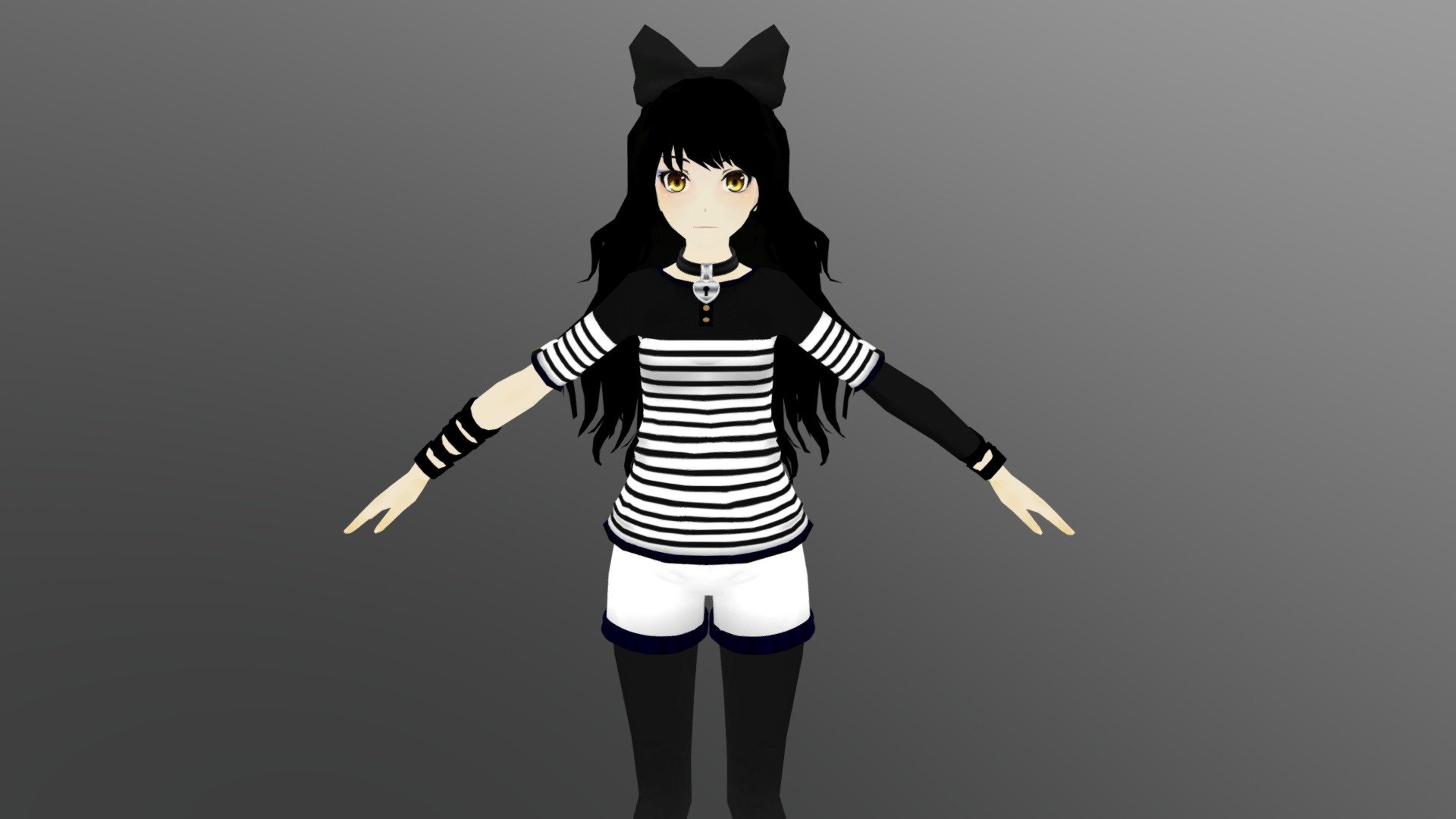 Blake Belladonna from RWBY in Casual outfit!

Just for viewing. Ported for VRChat available at vrcmods
(FOR VRC use only)

CREDITS:

TheClassicThinker (Blake MODEL)
link: (https://www.deviantart.com/theclassicthinker/art/MMD-Blake-Belladonna-Casual-Wear-DL-767181312)

kreifish (Chokers) - Blake Belladonna - Casual Wear - 3D model by Scarlette 3d model