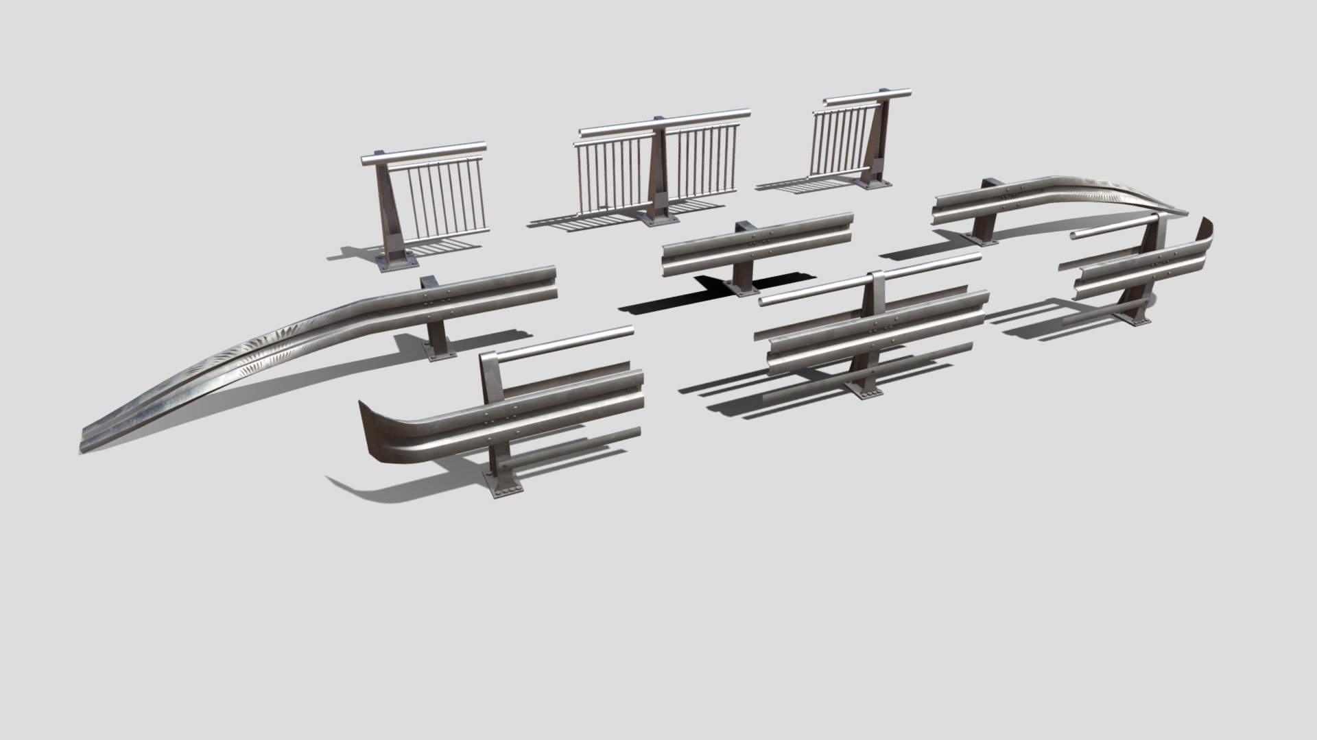 Hi all,

This is PBR Street Barriers pack created in Blender. It includes 9 different models in real world scale. All of the middle pieces can be duplicated to increase the length of the barrier.

The product has 6848 polygons.

It comes in the following formats:
.blend
.fbx
.obj
.dae

The blender file has the shaders set up, so it's ready to render using Cycles. The title image is not included.
It also comes with set of 4K .png maps:
base color
roughness
normal
metallic - Street Barriers Pack - Buy Royalty Free 3D model by kambur 3d model