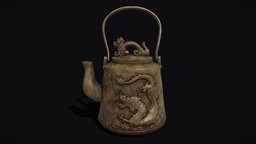 Antique Chinese Teapot tea, bronze, antique, dish, furnishing, props, chinese, fancy, tableware, homedecor, chinesedragon, chinese-style, chinese_culture, 3d, poly, fantasy, dragon, textured, gold