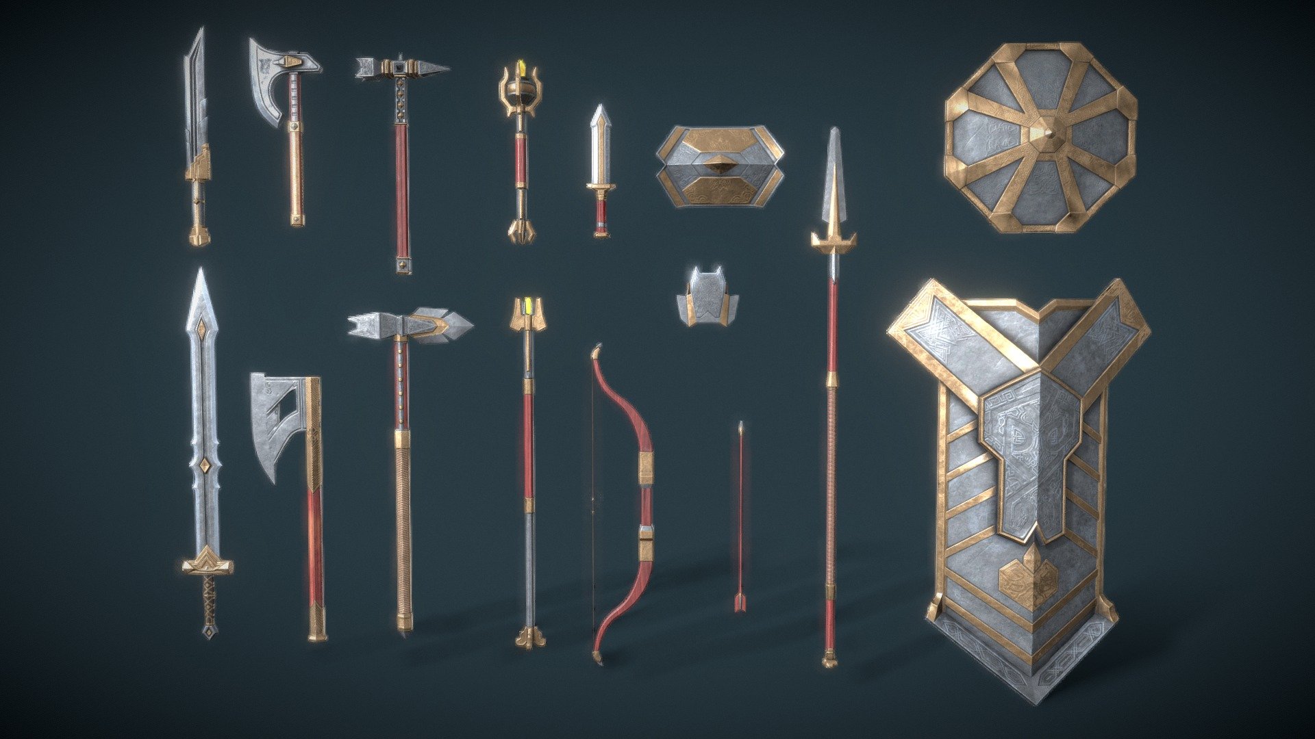 A set of fantasy Gnome weapons.

The set consists of sixteen unique objects.

PBR textures have a resolution of 2048x2048.

Total polygons: 25322 triangles; 13082 vertices.

1) Sword (one-handed) - 984 tris

2) Sword (two-handed) - 2168 tris

3) Mace (one-handed) - 2148 tris

4) Mace (two-handed) - 1462 tris

5) Ax (one-handed) - 1256 tris

6) Ax (two-handed) - 510 tris

7) Lance - 1464 tris

8) Dagger - 736 tris

9) Brass knuckles - 1008 tris

10) Bow - 2184 tris

11) Staff - 2816 tris

12) Scepter - 3592 tris

13) Shield (small) - 608 tris

14) Shield (medium) - 1372 tris

15) Shield (great) - 2482 tris

16) Arrow - 532 tris

Archives with textures contain:

PNG textures for blender - base color, metallic, normal, roughness, opacity, glow

Texturing Unity (Metallic Smoothness) - AlbedoTransparency, MetallicSmoothness, Normal, Emission

Texturing Unreal Engine - BaseColor, Normal, OcclusionRoughnessMetallic, Emissive - Fantasy Set Of Gnome Weapons - 3D model by zilbeerman 3d model