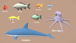 Fish lowpoly base, marine, fish, mesh, assets, basemesh, dolphin, piranha, octopus, pack, hybrid, guppy, part, betta, carp, lowpoly, model, gameasset, animal, rigged, gold, hypercasual