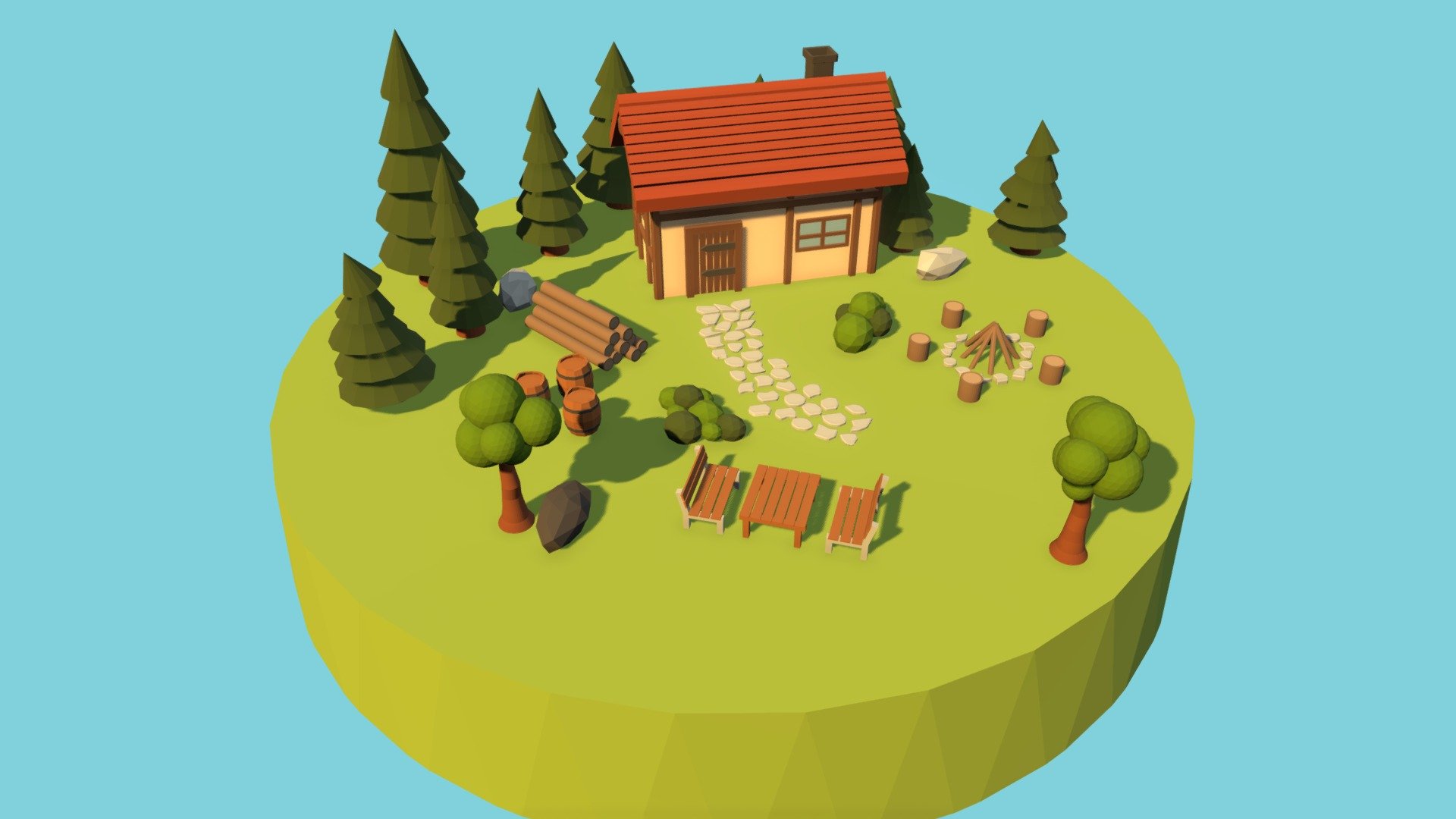 Low poly garden scene that includes:




a house

trees

campfire

barrels

a table with 2 benches

bushes

tree trunks
 - Low Poly Garden - Buy Royalty Free 3D model by I'm blendin' it (@im_blendin_it) 3d model