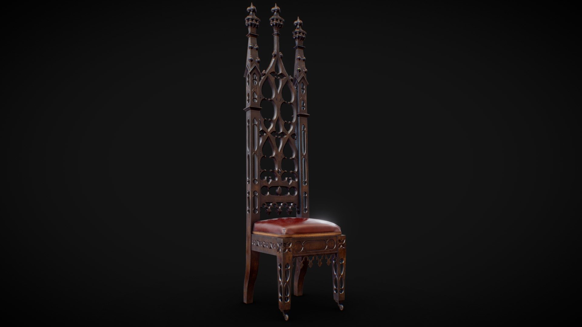 Ladies and Gentlemen, do You like Gothic estetique?
Gothic Revival Hall Chair 1845-1855  low poly model. 
(Blender/Marmoset Toolbag/Substance Painter) 
Courtesy of Winterthur Museum, Hall chair, 1845-1855, Oak, Paint. 
&ldquo;..Museum purchase with funds provided by the Henry Francis du Pont Collectors Circle and partial gift of Milly McGehee, 1997.35. In the home of Edward and Lucy Butts of Vicksburg, Mississippi, this chair made an imposing impression. The play of candlelight across its dark carvings would have cast bold shadows, enhancing the visual drama. Ornate ornament made it clear that the chair had been a costly investment, especially when displayed as a set. To the modern eye, and perhaps to the Butts family’s visitors, the chair seems more at home in a European cathedral than in a Vicksburg mansion.
