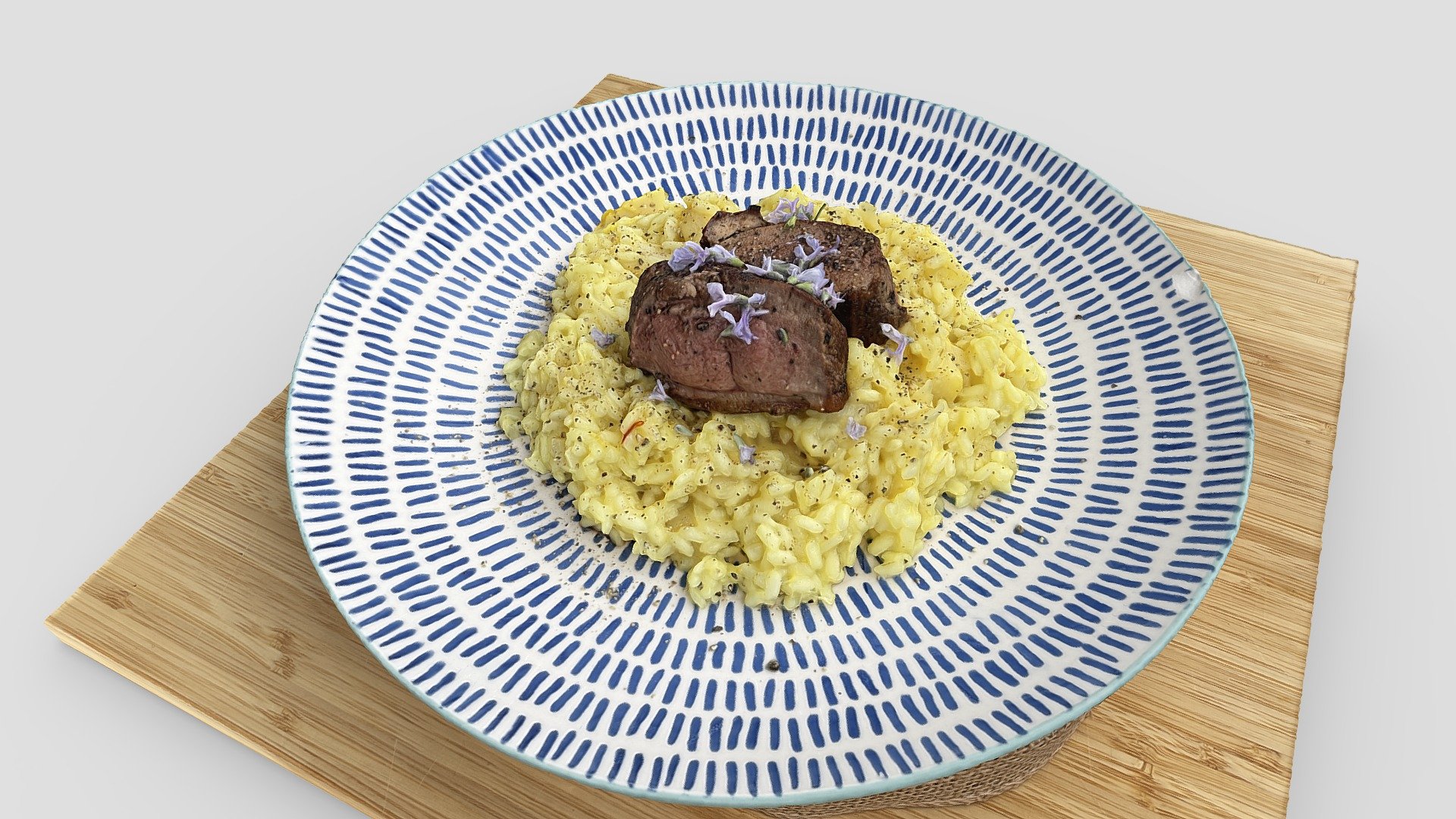 This is a very simple recipe, although it is difficult to make an authentic risotto. Such plates are ideal for scanning because of the many features.

Check my AR/VR recipes and support me on Patreon - Saffron Risotto With Duck Breast - 3D model by Zoltanfood 3d model
