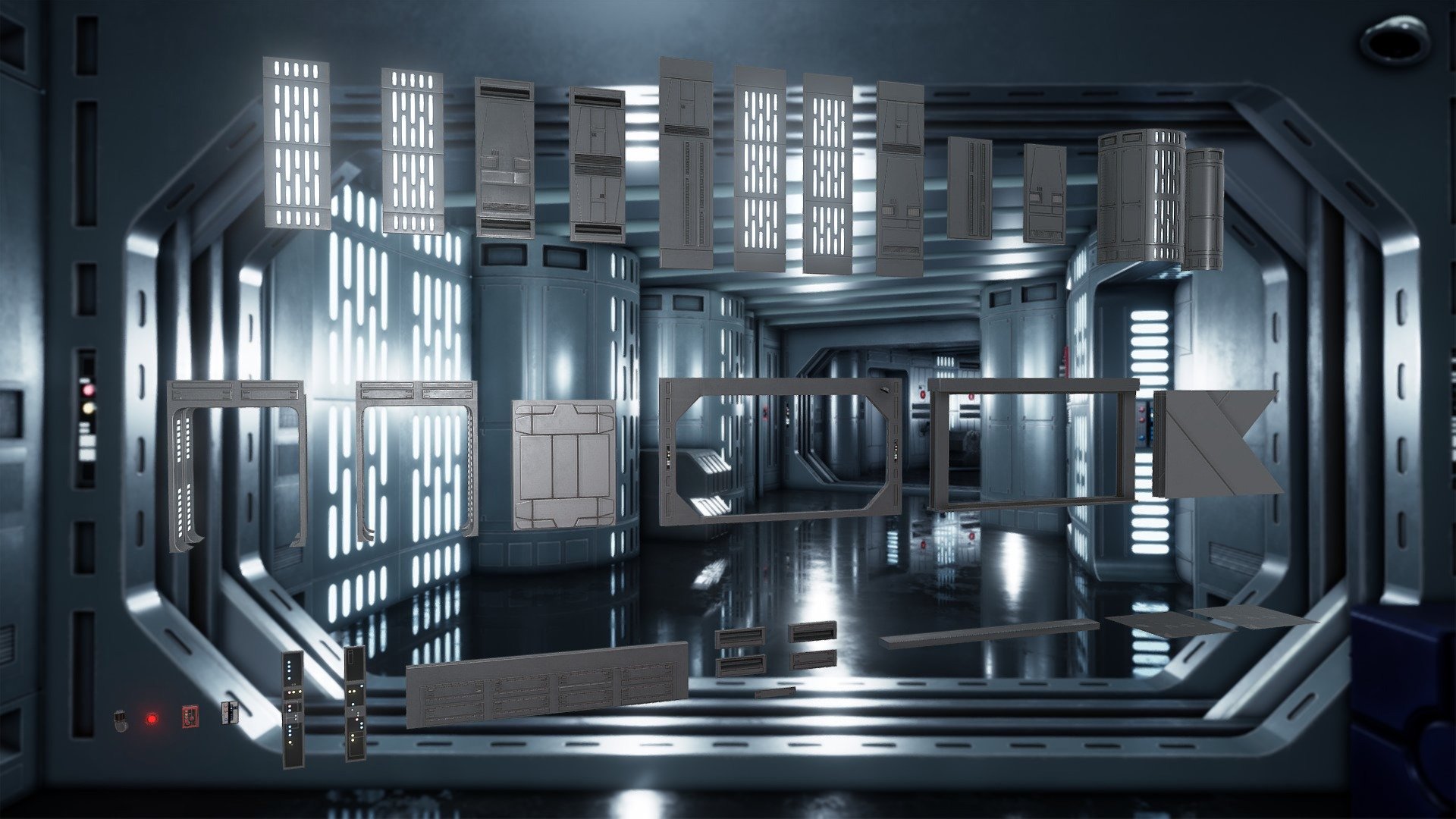 First set of modular assets to create a Death Star like interior environment.

Walls are set to a 10 grid vertically and depth wise, a 5 grid horizontally.   Doorways differ and had to be set to a 5 grid depth wise to keep the right thickness. 

Pivot point is on the front corner where possible.

Display textures on Sketchfab are 2048 and 1024, on download I have made them all 4096 apart from the Emissives that are 1024 in a zip folder with the models all seperate and named accordingly as well. 

Some models use the same texture so these will be packed together in folders.

For the floor textures I have added a diffuse, metal and rough. But in Unreal Engine the diffuse can just be R 0.0104 G 0.0104 B 0.0104  and a metal value of 0.5 with the roughness texture to get the same effect.

BACKGROUND IS AN EXAMPLE OF HOW IT CAN LOOK IN UNREAL ENGINE WITH POST PROCESS - Death Star- Assets- Pack 001 - Buy Royalty Free 3D model by Philip Gilbert (@PhilipAGilbert) 3d model