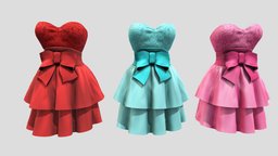 Female Barbie Doll Dress short, green, red, fashion, bow, girls, doll, clothes, skirt, nice, pink, dress, tie, realistic, beautiful, belt, womens, wear, barbie, metaverse, pbr, low, poly, female, sweetheart, sash, strapless