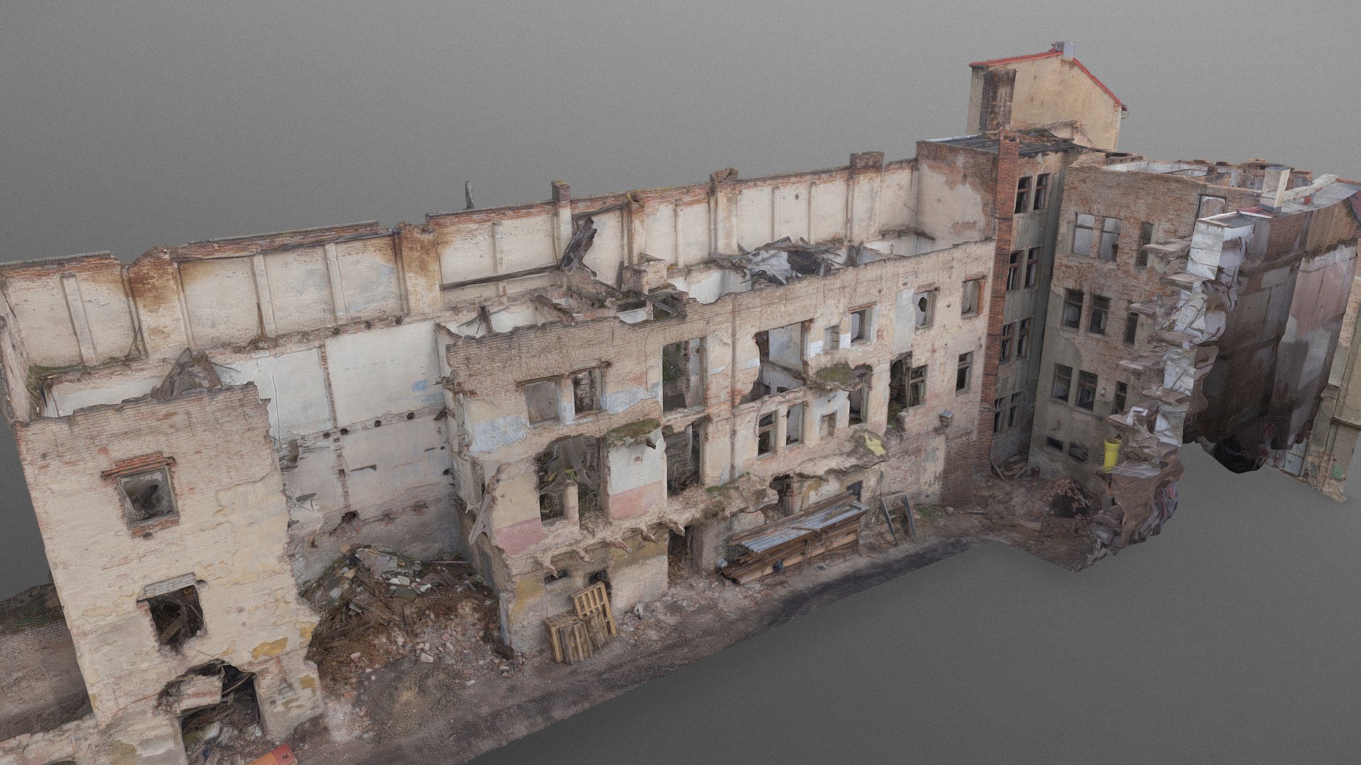 Historic old Early 20th century brick ruined derelict abandoned apartment house building street facade scene 3D model

photogrammetry scan (350x36MP), 5x8K texture +HD normals - contact me for source photos or re-exports - Ruined street block - Buy Royalty Free 3D model by matousekfoto 3d model
