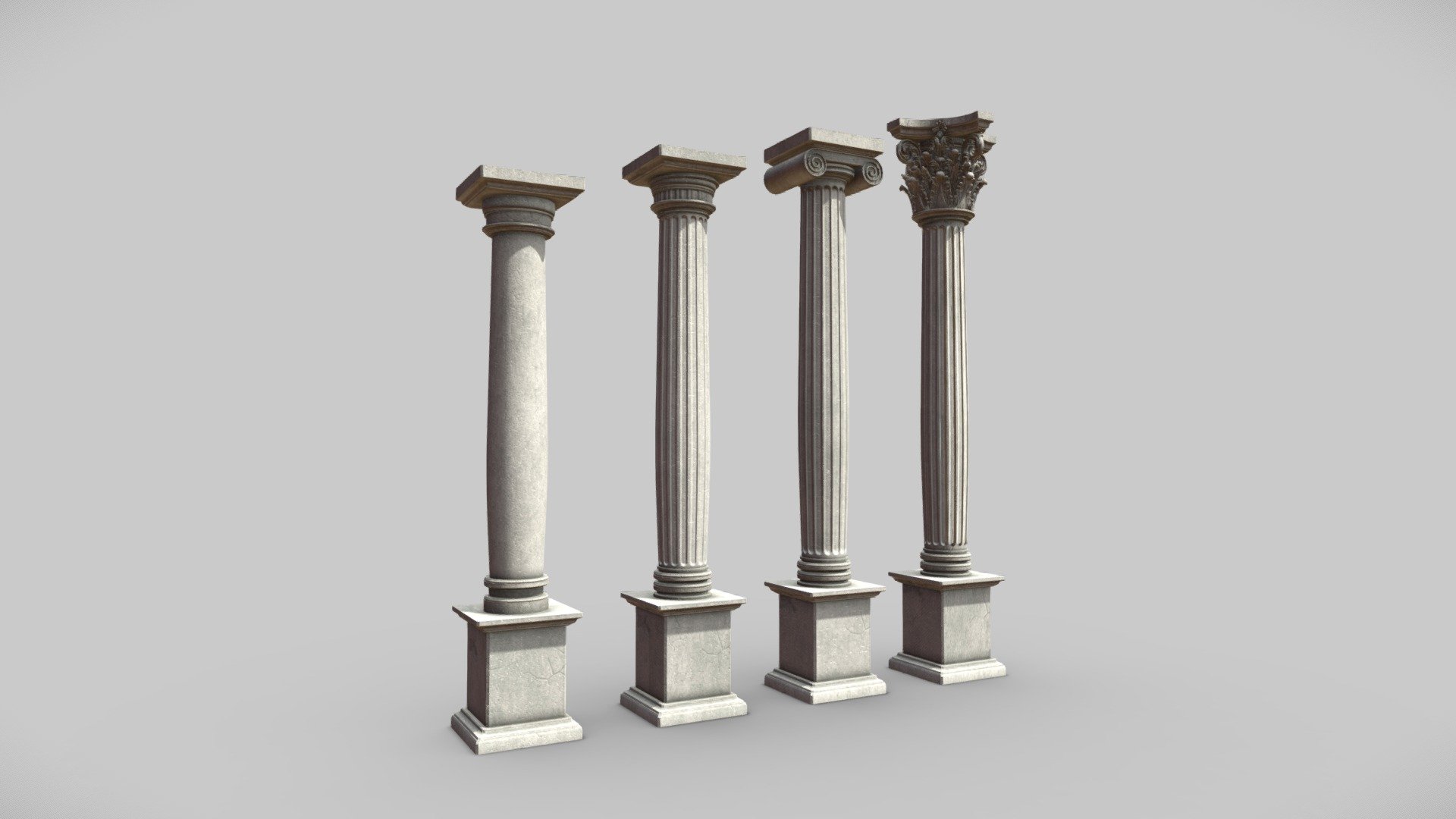 Collection of classical Roman / Greek columns in an approximation to their original state, they are a vertical architectural element that normally has structural functions, although they can also be chosen for decorative purposes, composed of shaft, capiter and an extended base, textures in high definition 4k, and optimized geometry.

&mdash;TEMPORAL DISCOUNT&mdash; - Classical Pillars V1 - Buy Royalty Free 3D model by JLRIN (@CraneoJL) 3d model