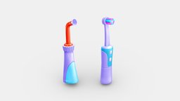 Cartoon electric toothbrush bathroom, wash, toilet, clean, brush, personal, items, toothpaste, toothbrush, lowpolymodel, handpainted, gargle