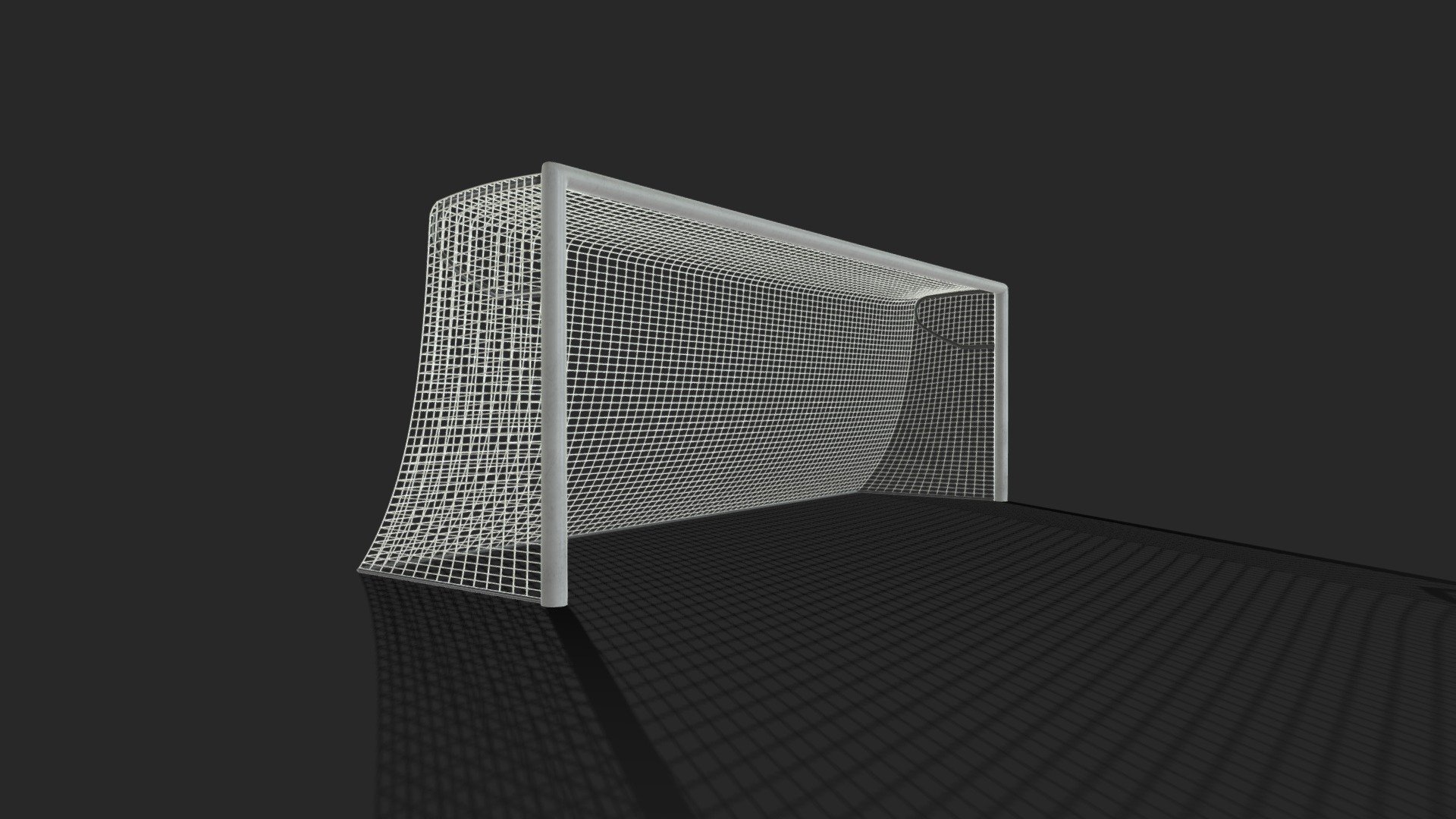 Classic Style Football goal with modelled wire.

Use subdivide for higher geometry. 
You can animate the net, it's one object without elements.

Used maps: Base, Reflect, Glossiness, Normal

The bar is Unwrapped, 
Net is 70x70x70 UVW Mapped

FBX File downloadable 3d model