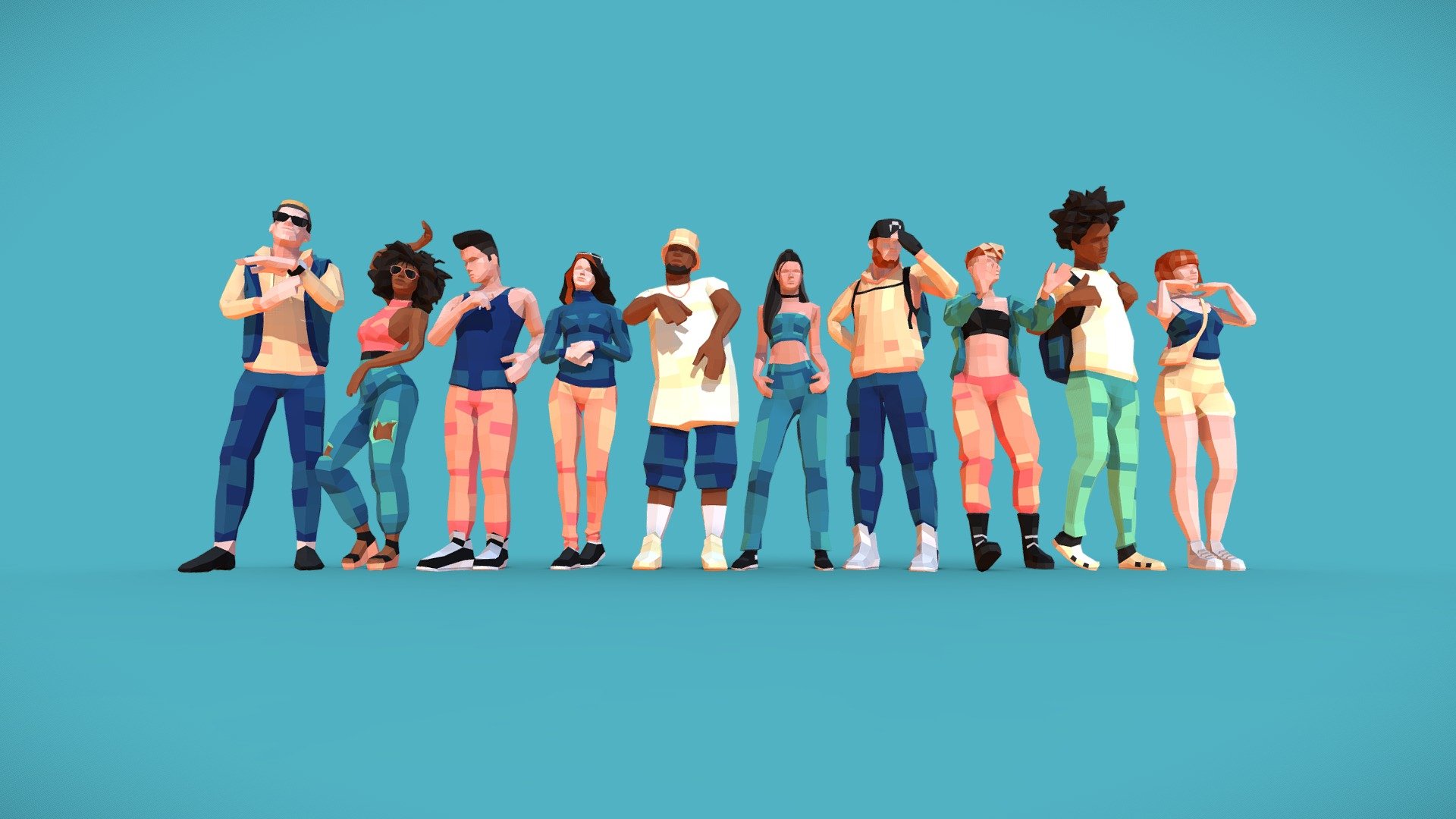 A collection of 10 low-poly style characters. These are young adult figures, suitable for explainer animations, ArchViz, PC games, web or mobile apps. 

They were created with 3ds Max 2022, and rigged using Biped + Skin. Download the additional .ZIP file for the native formats: .MAX, .FBX (including Max/Fbx/Obj in T-Pose).




Includes 30+ texture alternatives. ✅

Compatible with Unity Humanoid System ✅
 - Young Adults Low Poly 3D Characters Pack - Buy Royalty Free 3D model by Denys Almaral (@denysalmaral) 3d model