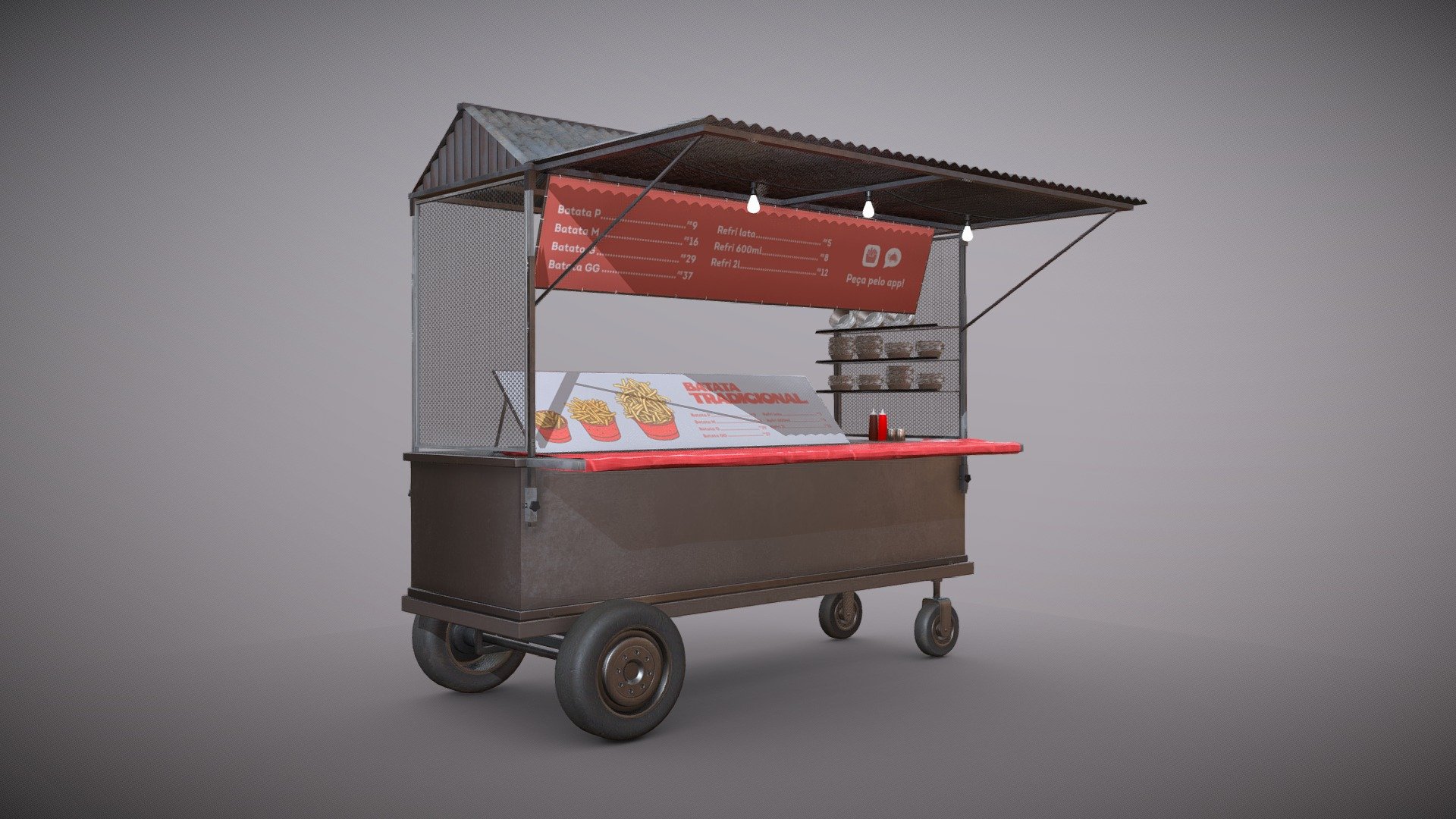 This is part of my Commercial Props for Brazilian street food prop pack, this is a brazilian suburb style of food truck that selling french fries at large amounts.

The complete pack have:

26 props

7 blueprint

5 customizable props

74 material instances

Textures from 2k to 4k

Min Blender 3.3.0+ and Unreal 5.1.1+

You can find more information on my artstation page: http://www.artstation.com/frazao - Commercial Prop for Brazilian street food - 1/8 - Buy Royalty Free 3D model by Marcos Frazão (@frazao99) 3d model