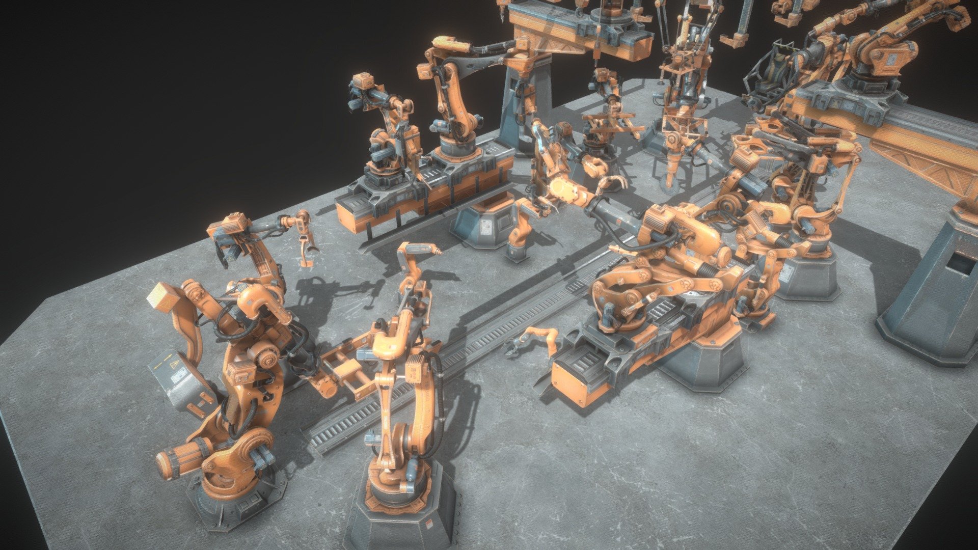 You can buy on the following platforms just type “Industrial Robot Pack”

1) Unity Assetstore 2) Unrealengine Marketplace 3) Cgtrader 

ATTENTION!!! The textures are very tight due to the limitations of the skechfub, they will look much better in the project !!!

Package of realistic industrial props. 33 unique meshes , manually made LODs and colliders . Include animation? textures materials and sounds.

Features:

AAA models and Materials 33 unique models Texture Sizes:- 4096x4096 (If necessary, the resolution can be reduced as well as converted to JPEG)

Polycount: 300, 18000

Textures: 66 Materials: 17 - Industrial Robot Pack - 3D model by VP.Studio3d 3d model