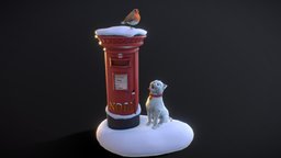 Christmas dog dog, robin, snow, christmas, postbox