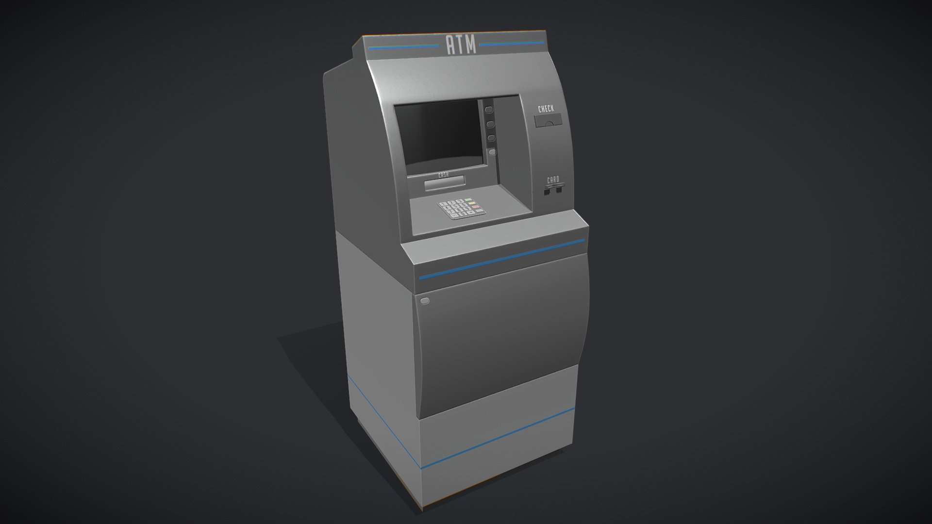 Stylized Cash Machine with Stylized PBR Textures. Suitable for any scene. Ready to use in any project.

Are you liked this model? Feel free to take a look on my another models! Here

Features:

.Fbx, .Obj, .Uasset and .Blend files.

Low Poly Mesh game-ready.

Real-World Scale (centimeters).

Unreal Project: 4.18+

Custom Collision for Unreal Engine 4 (Handmade).

Tris Count: 1,190.

Number of Textures:5

Number of Textures (UE4): 3

PBR Textures (2048x2048) (PNG).

Type of Textures: Base Color, Roughness, Metallic, Normal Map and Ambient Occlusion (PNG)

Combined RMA texture (Roughness, Metallic and Ambient Occlusion) for Unreal Engine (PNG) 3d model