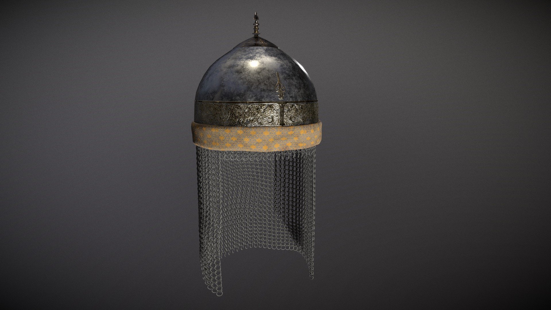 Mughal inspired helmet with gold pattern. mughols were Turkic-Mongol who conquired and rulled india. So this helmet has clear similarity with ottoman helmets worn by sodires. Though this is not a 3d recreation of a preserved helmet, i followed many references to design this helmet 3d model