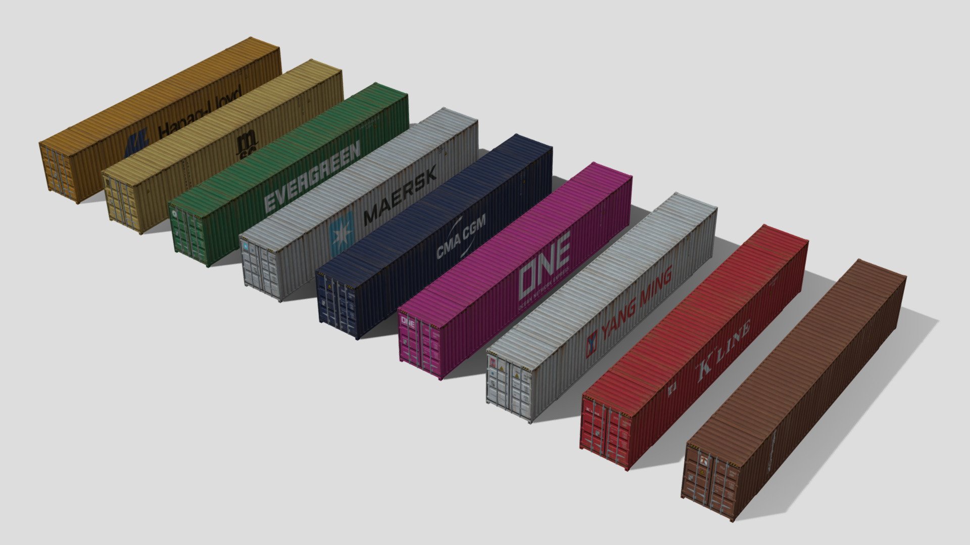 This is a pack containing nine real-life branded 53ft containers.

Container Brands: CMA CGM, Hapag Lloyd, Evergreen, MSC, Maersk, “K” Line, ONE, Triton, Yang Ming

This model was originally made as an asset for the game Cities: Skylines. There are some minor simplifications to the texture and model to keep it optimised for the game.

Available formats: Wavefront OBJ (.obj), Autodesk FBX (.fbx), STL (.stl)

Polygon count: 1,548 Vertex count: 2,376

Model made in Blender 3.0 - 53ft Containers - Buy Royalty Free 3D model by Nostrix 3d model