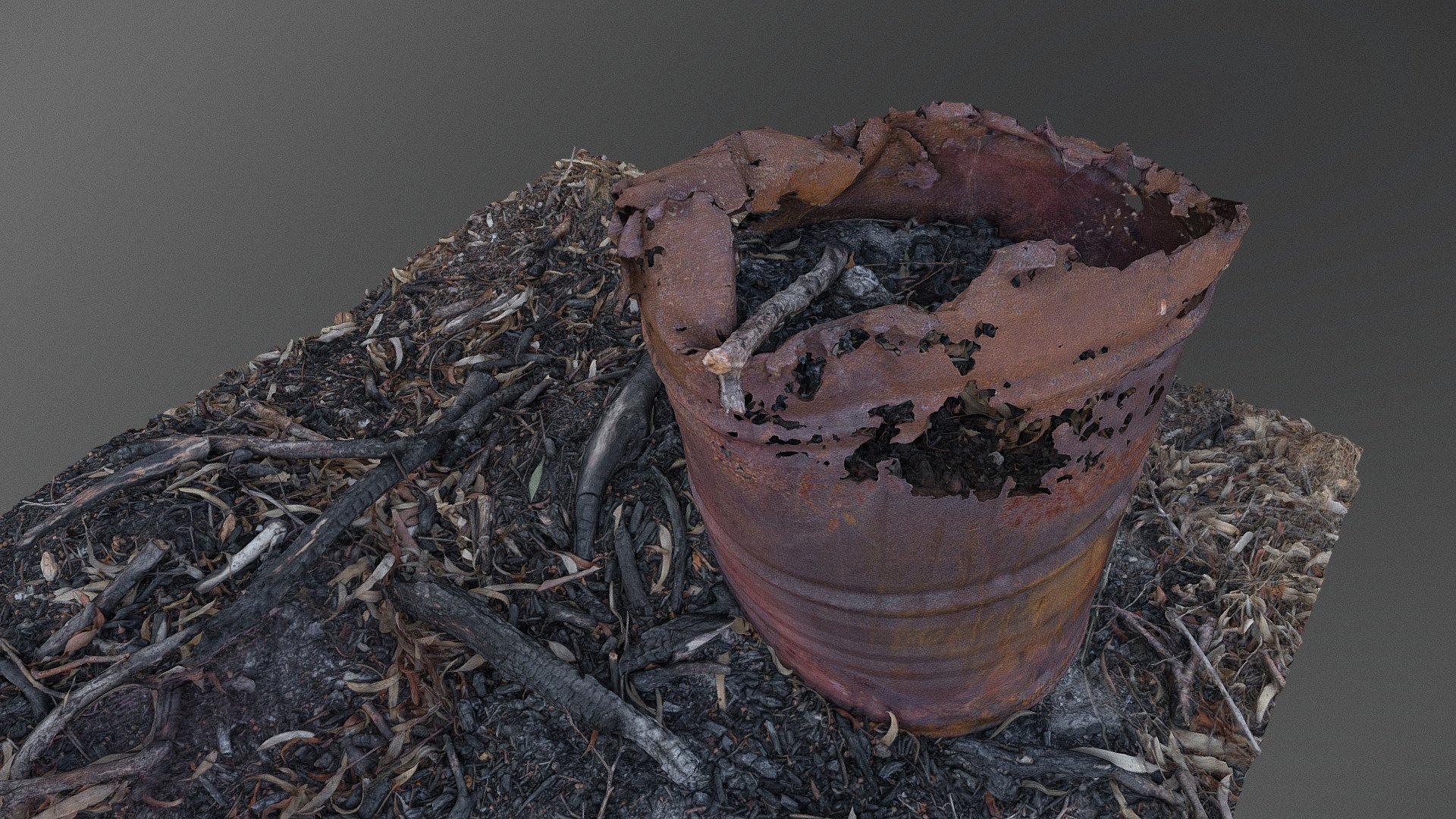 Homeless people hideout shelter spot brunt nurned rusty old barrel fire and charred wood timber ranches logs scene

photogrammetry scan (150x36mp), 1x8k textures + hd normals - Burnt barrel - Buy Royalty Free 3D model by matousekfoto 3d model