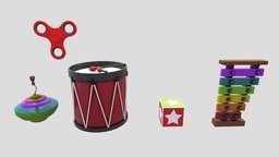Stylized lowpoly Toys Pack #2 drum, music, toys, tambor, spinner, cartoon, lowpoly, wood, stylized