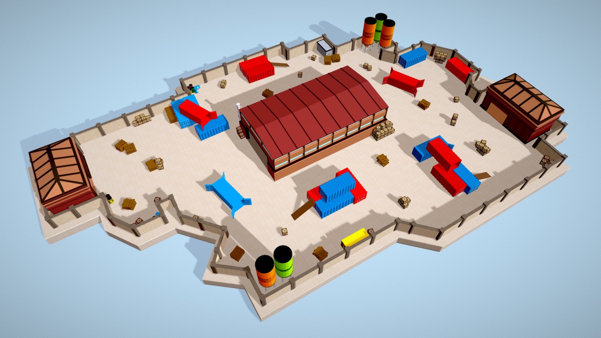 This map area includes very useful assets which can be used for FPS games.
It includes various things like Drums, Barrels, Wooden Boxes, Ware House, garages, Containers, Chemical barrels, Explosive TNT Boxes, etc with very nice wall boundaries.
All the models are low-poly models and were originally modeled in Blender.

Enjoy this environment map pack for your various usages like showcasing the area, Various games, Rendering, or whatever you want. Leave valuable feedback in the comments section below. Thank you 3d model