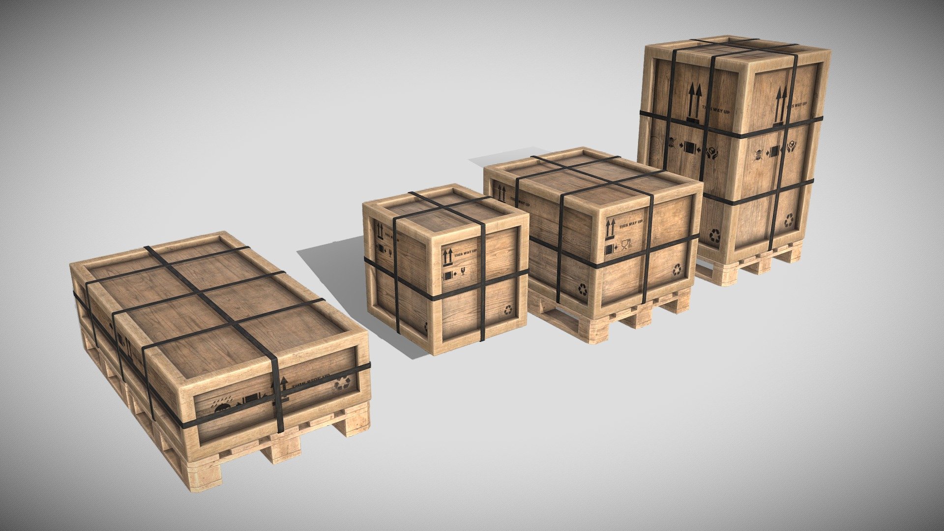 A set of four Cargo cases alongside with two wood palettes. Containing;

-Wide, Tall, Large, Small Cargo cases

-Large and small palettes which are seperate from the cases

-Plastic straps around the cases which you can remove

All of which are modeled and labeled according to referances.

You can buy this set for $5 at CGTrader, or at TurboSquid 3d model