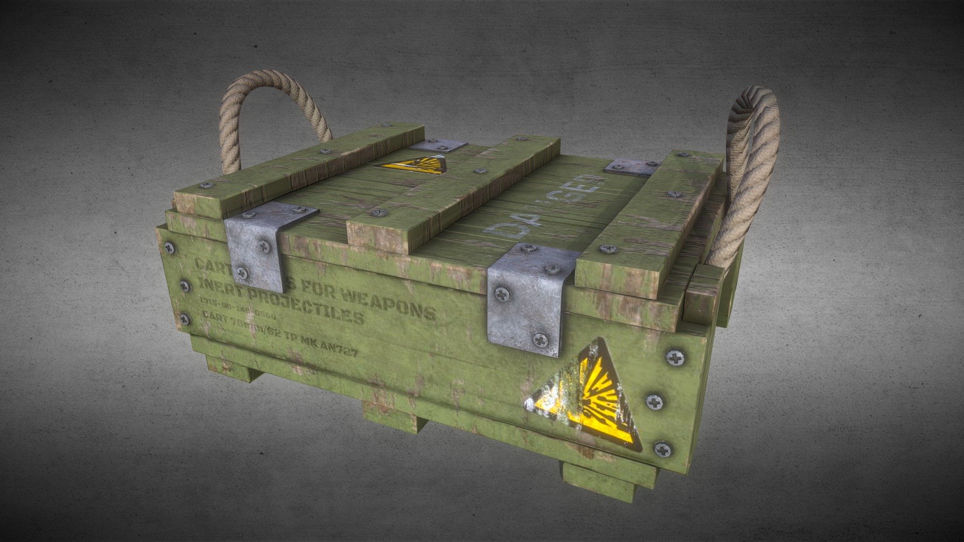 Here is an Ammo Crate, made in Houdini and Substance painter. This wooden box features rope carry handles, metal screws and brackets. Fully UV'ed (non-overlapping) and textured inside and out 3d model