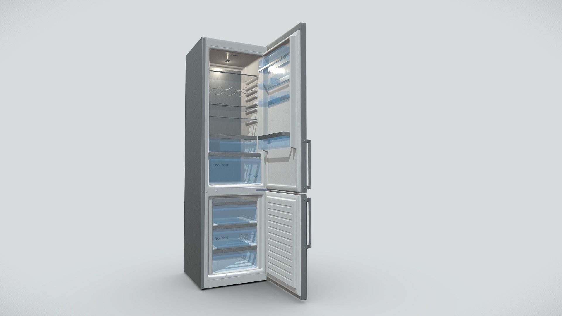 Low poly hi-detail combi fridge with only 8599 polys / 9283 tris, with non-overlapping uvs and PBR textures in 4096 x 4096 px (color, Normal map, metallic, roughness, specular, emission, opacity and Ambient occlusion map). This model contain 2 objects (the door could be closed by the pivot). The inside storage boxes, could be extrated in the main mesh. It is included a opacity mask, but depends on the final engine render, the shader has to be remade in it.  It is ready to use in broadcast, advertising, design visualization, real-time, video game etc… - Combi fridge high-detail lowpoly - Buy Royalty Free 3D model by markusenes 3d model