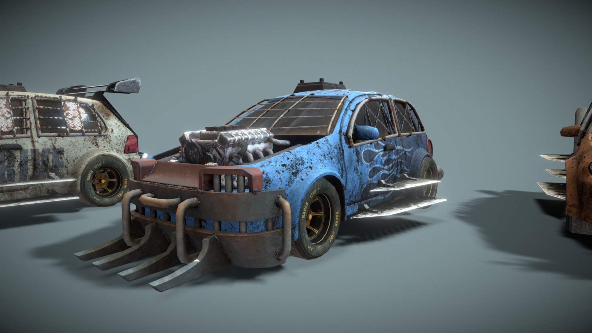 Lowpoly GameReady
parts:
-6 carpaints
-4 frontbumpers
-4 backbumpers
-2 sidekits
-4 hoods
-3 windshields

textures: 
color, specular, metallic, reflection, normal - Customizable Post-Apocalyptic car - Golf - 3D model by MadManStudio 3d model