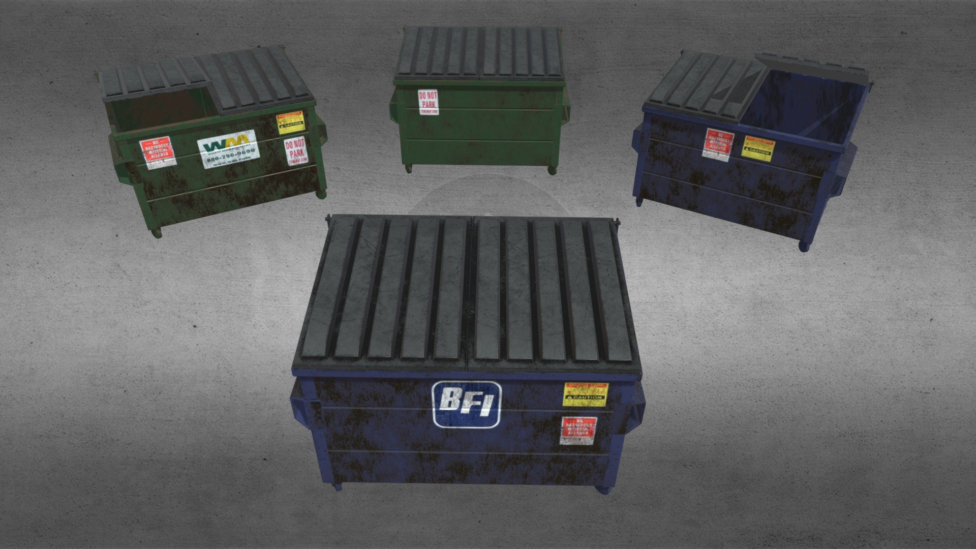 This dumpster has 4 different texture sets included to change the look. The dumpster model is low-poly and game-ready with about 5000 triangles. The lid on the dumpster can open.

Checkout my City Props Collection for other city models to help populate your city project.

Feel free to use for any project. Any feedback is welcome and appreciated. Thanks for checking out my models and the likes.




Check out all my other models including this most recent model.
 - Dumpster (low-poly, game-ready) - Download Free 3D model by TampaJoey 3d model