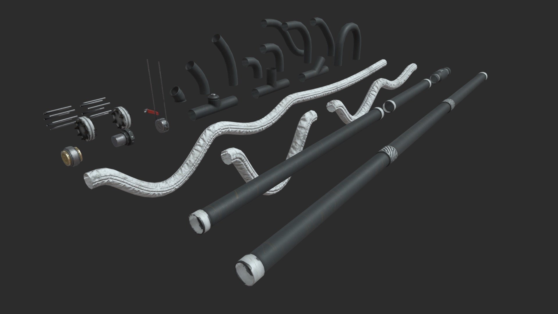 This modular pipes asset pack including 27 individual set Ø10 pipes with 4 LODs and colliders to get a good optimization. All elements can easily be positioned together by moving in 10cm increments. Also, this pack includes 37 pre-assembled sets to allow you to speed up your assemblies. 



INDIVIDUAL SETS INCLUDE :


4 elbow 90°
3 elbow 45°
1 U pipe
1 S pipe
2 T pipes
1 Y pipe
4 straight pipes
3 flexible pipes
2 screw joints
1 mounting bracket
1 handle valve
2 end of pipes
2 threaded rod sets

SPECIFICATIONS


Objects : 64
Polygons : 4975

GAME SPECS


LODs : Yes (inside FBX for Unity &amp; Unreal)
Numbers of LODs : 4
Collider : Yes
Lightmap UV : No

EXPORTED FORMATS


FBX
Collada
OBJ

TEXTURES


Materials in scene : 1
Textures sizes : 4K
Textures types : Base Color, Metallic, Roughness, Normal (DirectX &amp; OpenGL), Heigh &amp; AO (also Unity &amp; Unreal workflow maps)
Textures format : TGA &amp; PNG
 - Modular Pipes - Sci-Fi Black Paint - Buy Royalty Free 3D model by KangaroOz 3D (@KangaroOz-3D) 3d model