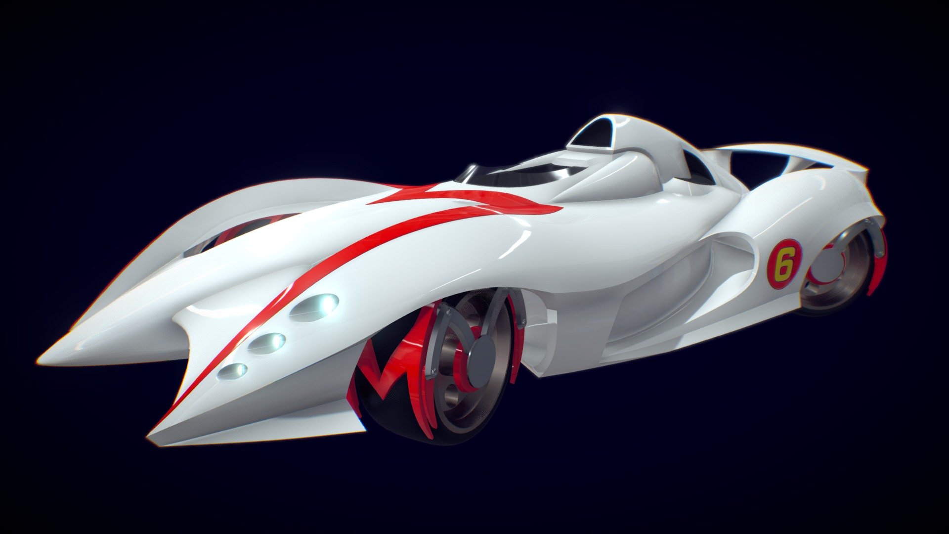 This is an attempt to recreate the main body of the Mach 6 seen in the 2008 film Speed Racer! This is probably my favourite fictional car of all time, so I highly recommend seeing it in action from the movie. While it's missing a few features like a cockpit, a more detailed engine/exhaust, or grills for the top and side intakes, I was focusing more on the main body and getting that as accurate as possible 3d model