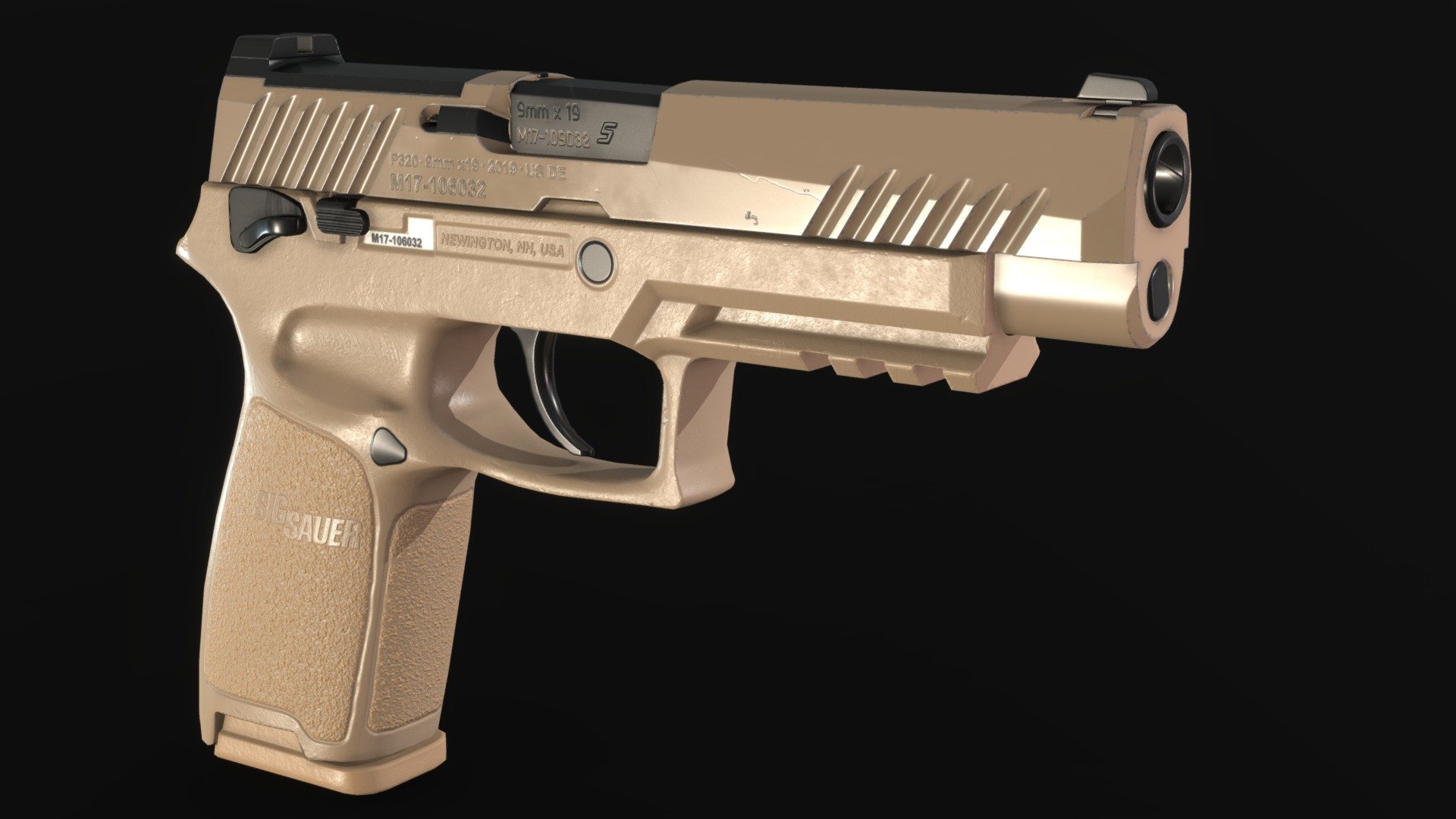 The SIG Sauer M17 and M18 are service pistols derived from the SIG Sauer P320 in use with the United States Armed Forces. On January 19, 2017, the United States Army announced that a customized version of SIG Sauer’s P320 had won the Army's XM17 Modular Handgun System competition. The full-sized model was designated the M17, and the shorter length carry model, the M18. The guns have subsequently been adopted by the United States Army, Navy, Marine Corps, Air Force, and Space Force. The pistol replaces the Beretta M9, as well as several other handguns across the services. There are two color variants, coyote brown and black, for both the M17 and M18, though almost all have been produced in brown.
Modeled in Blender 2.9
Textured in Substance Painter
Rendered in Marmoset Toolbag 4 - Sig Sauer P320/M17 - Buy Royalty Free 3D model by SeveN (@SeveN-Models) 3d model