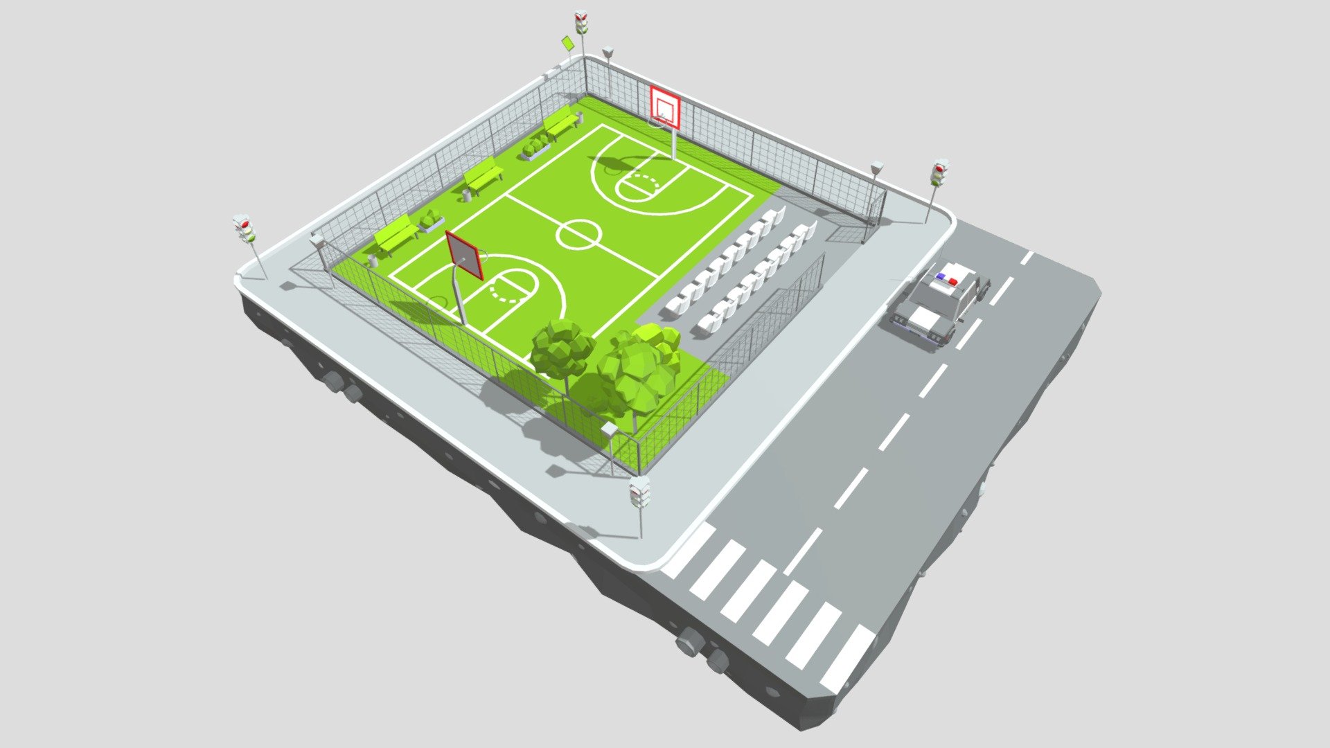The set includes the part of the ground and street, the Stadium, the grass, some trees, some shrubs and 1 low poly car - the police car.
The model has good level of detail within the minimalist animation style. 
Correct and simple mesh,  made in rectangles and triangles. 
Despite the high detailing, the model is not heavy and will open even on a weak computer. 
Also, textures are almost not used in the model - only the license plates on cars have a texture. 
No additional plugins are used. 
Easily can be used in animation and games. 
Rendered in default 3ds Max Scanline Render, preview images rendered with exact light setup in 3ds Max scene 3d model