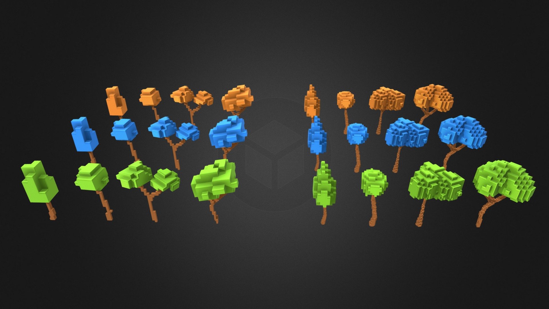 This is a Voxel Tree pack containing x8 unique models with x3 colour variants.

[Contents]

x4 blocky type trees
x4 voxel trees

[Colours]

green, blue, orange

SimplePolygon Discord
https://discord.gg/8WSpWnGH4b

[Licence] Not to resell model, can sell commercially in end project/game

Credit myself, SimplePolygon

If you have any further questions I will be happy to answer 3d model