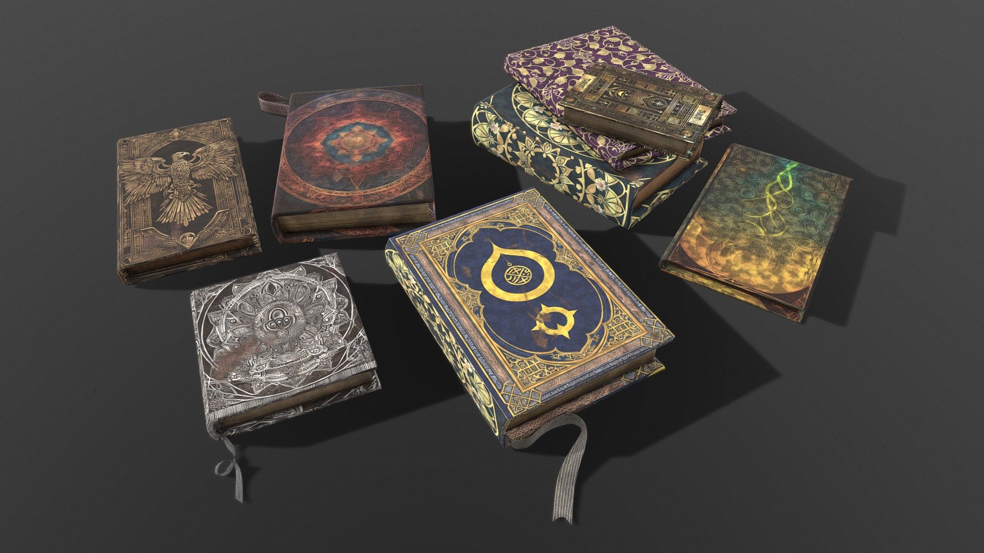 Single book - 380 triangles / 192 vertices x8

Textures - 2k &mdash; one material

Made in Blender - Old Vintage Books - Game Ready Assets - Lowpoly - Buy Royalty Free 3D model by gravyart 3d model